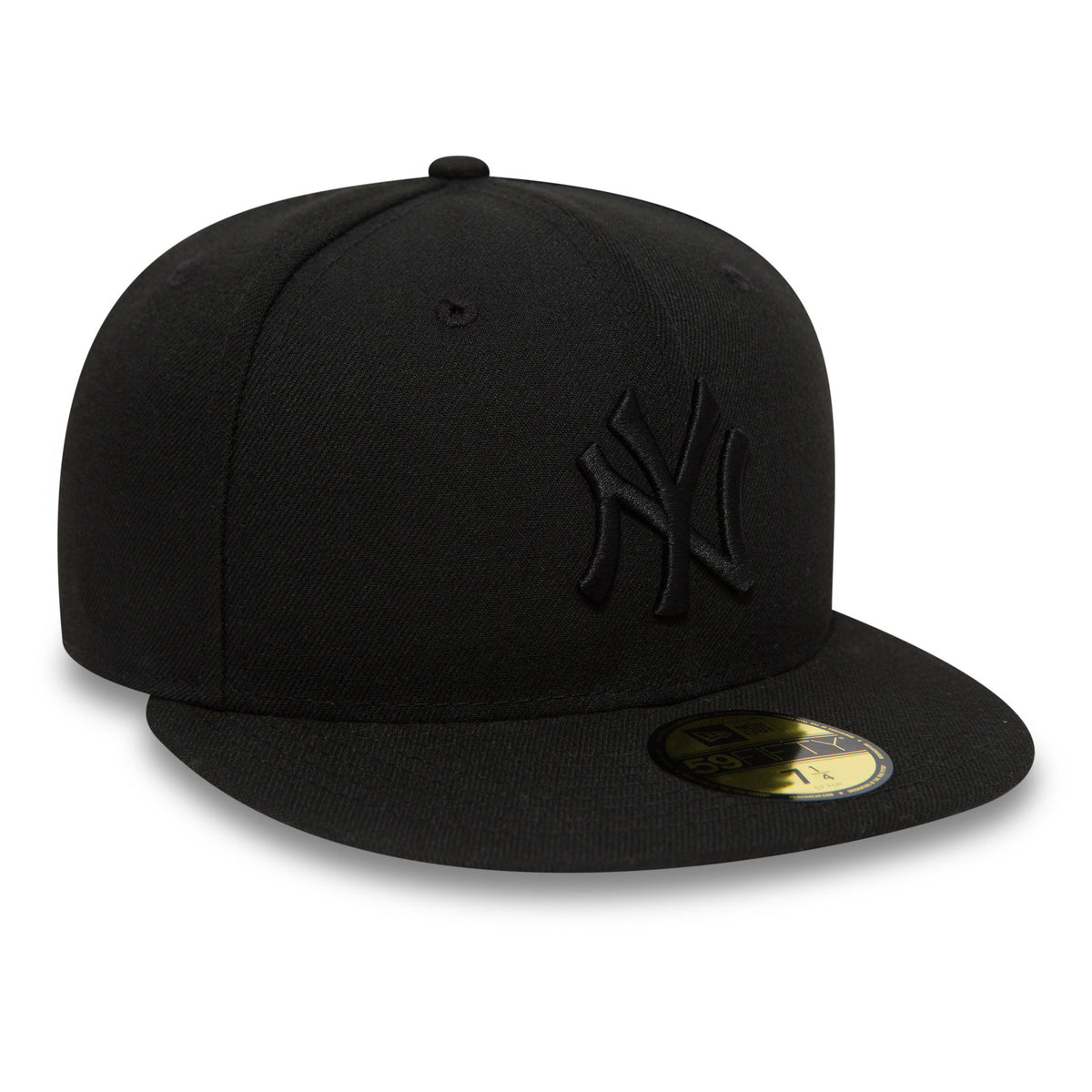 New York Yankees Black On Black New Era 59FIFTY Fitted Cap, front view showing the raised black embroidered NY logo on the front panel, with a flat black visor and the gold 59FIFTY size sticker on top.