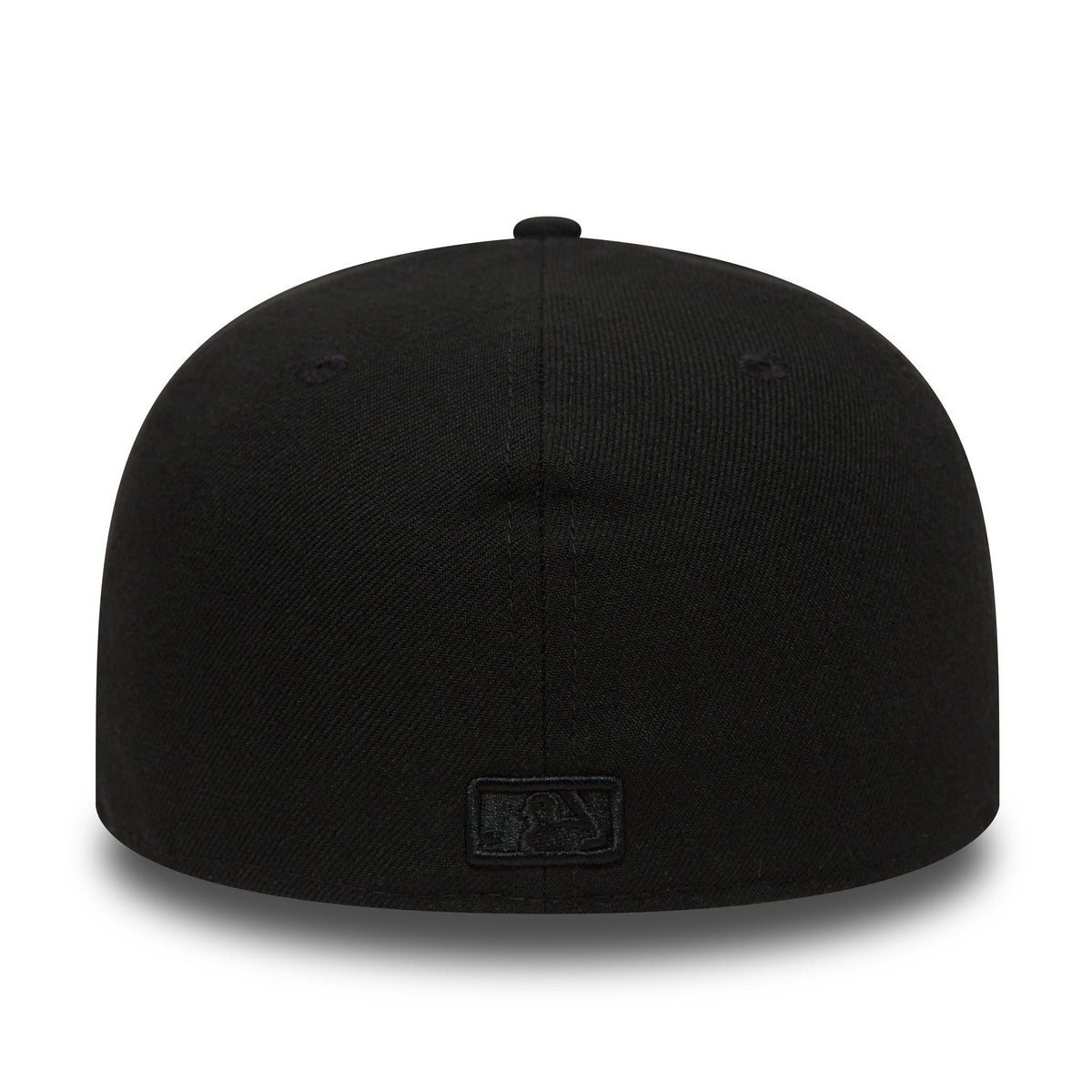 New York Yankees Black On Black New Era 59FIFTY Fitted Cap, rear view showing the black embroidered MLB Batterman logo at the centre back, positioned low on the all-black structured crown.