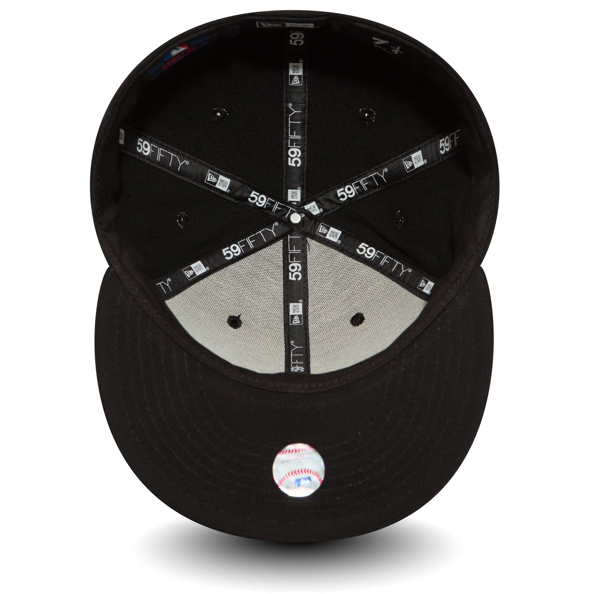 New York Yankees Black On Black New Era 59FIFTY Fitted Cap, inside view showing black 59FIFTY taping on the seams, a grey undervisor, and a white and red MLB logo sticker on the underside of the visor.
