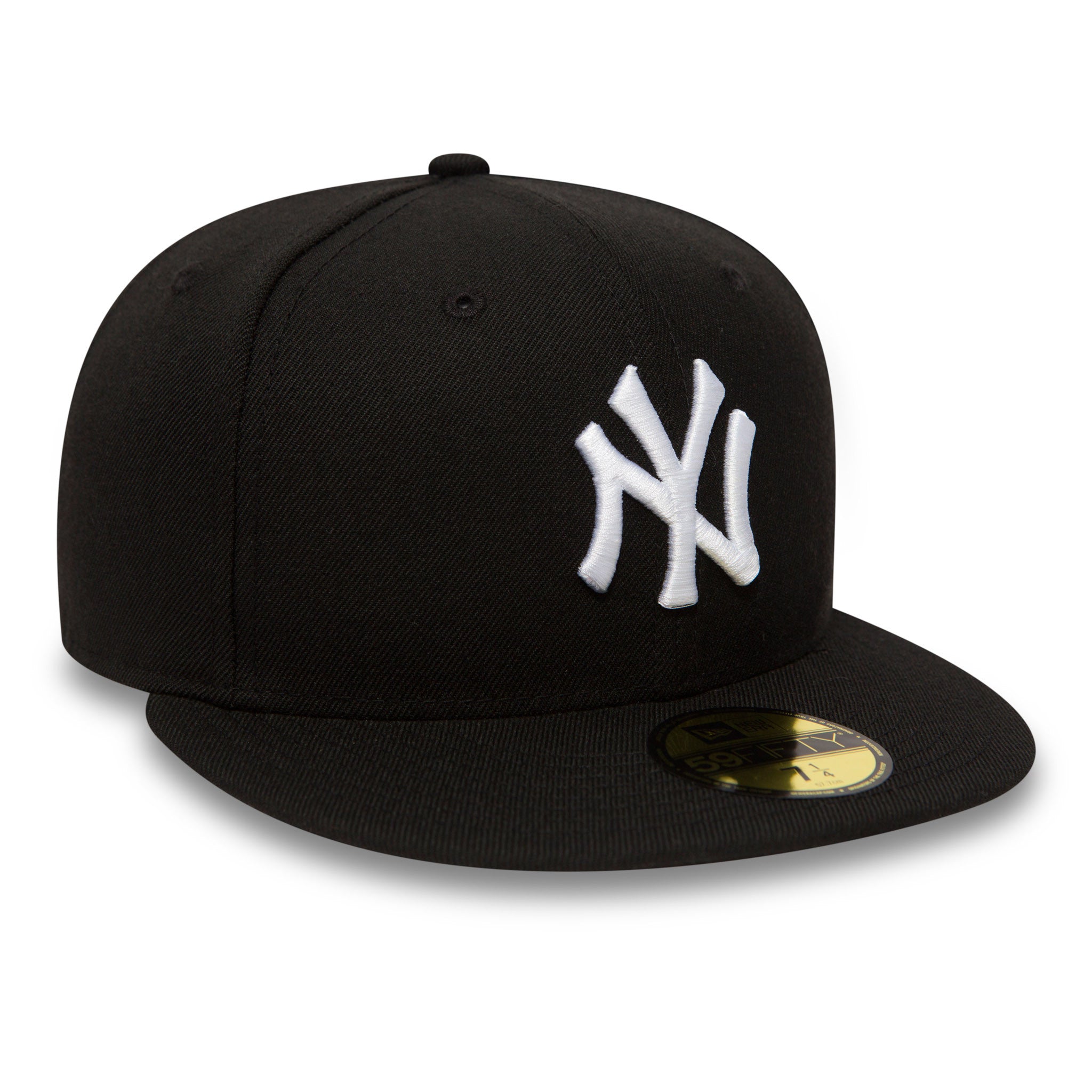 New York Yankees Essential Black New Era 59FIFTY Cap, three-quarter view with a raised white embroidered NY logo on the front panel and a gold 59FIFTY size sticker on the black visor.