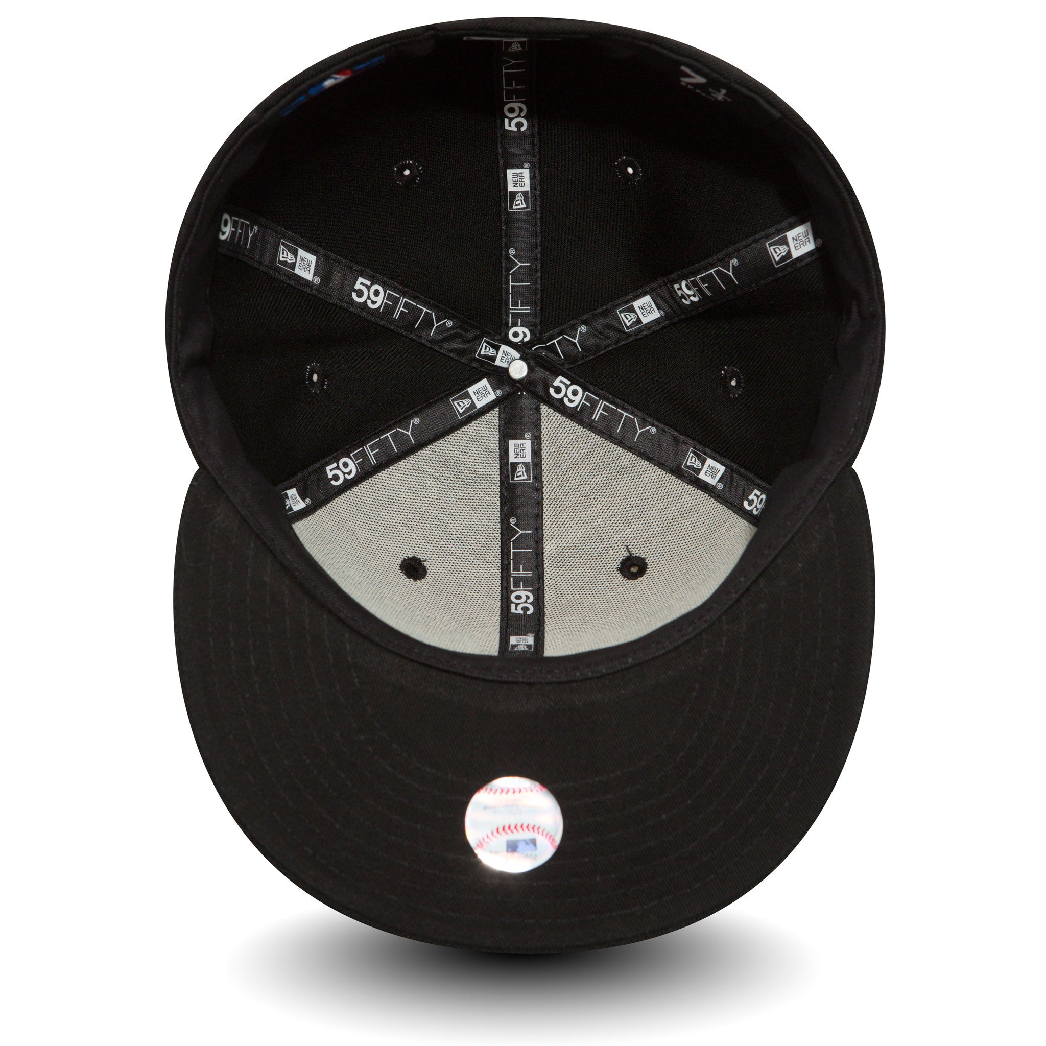 New York Yankees Essential Black New Era 59FIFTY Cap, inside view showing black taping with 59FIFTY branding, a black sweatband, white undervisor, and the baseball sticker on the underside of the visor.
