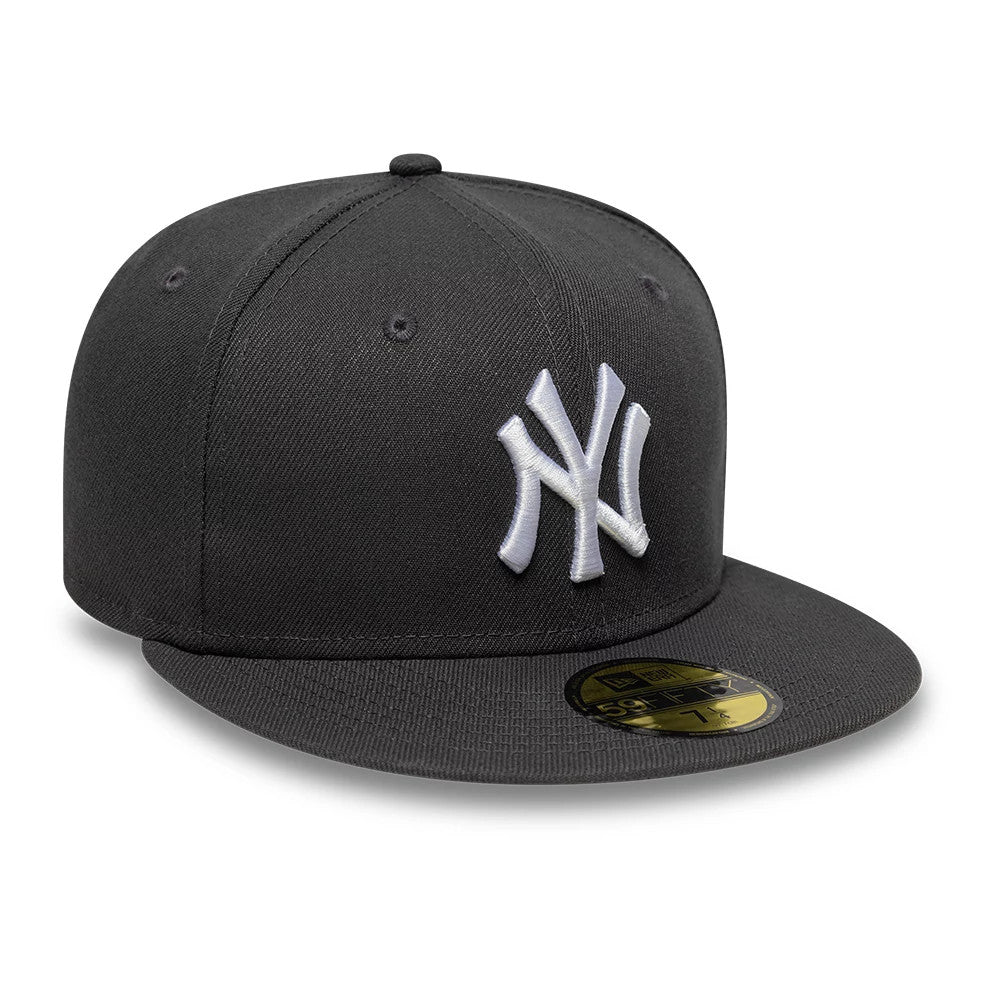 New York Yankees Essential Grey New Era 59FIFTY Fitted Cap, front view showing the raised white NY logo embroidered on the dark grey front panel, with a gold 59FIFTY size sticker on the flat visor.