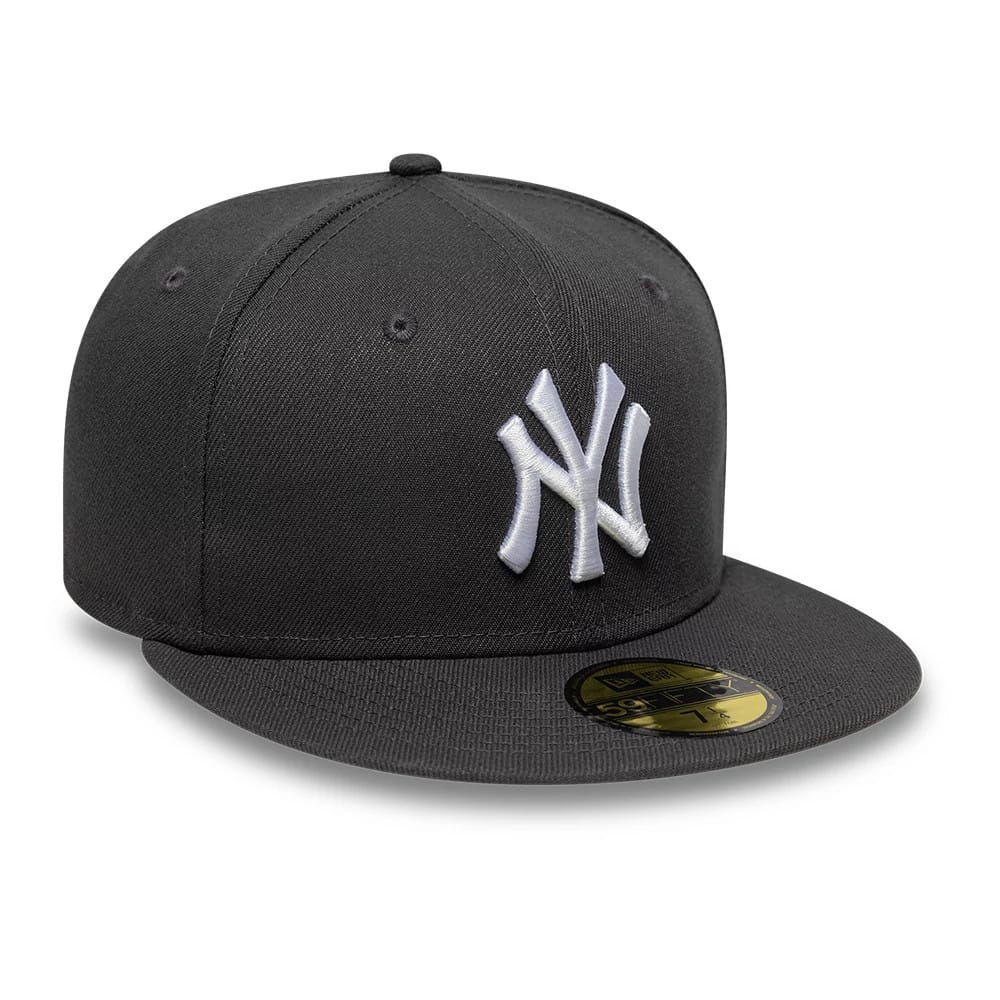 New York Yankees Essential Grey New Era 59FIFTY Fitted Cap, front view showing the raised white NY logo embroidered on the dark grey front panel, with a gold 59FIFTY size sticker on the flat visor.