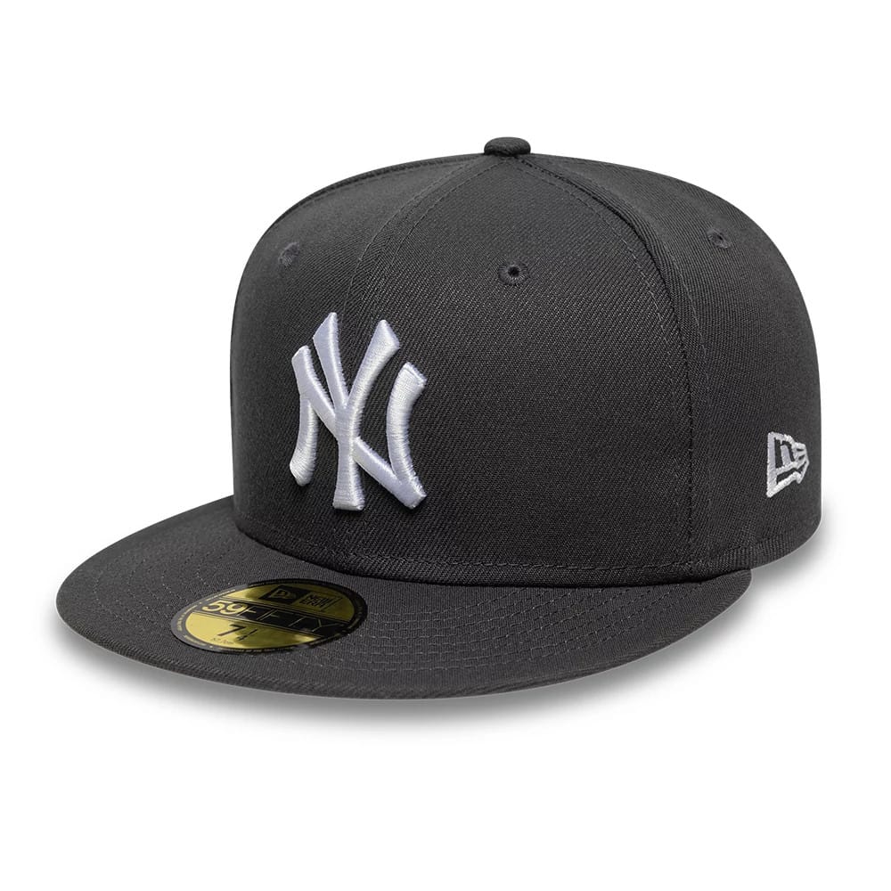 New York Yankees Essential Grey New Era 59FIFTY Fitted Cap, front view showing a raised white embroidered NY logo on the front panel, a gold 59FIFTY size sticker on the grey visor, and the New Era flag logo on the left side.