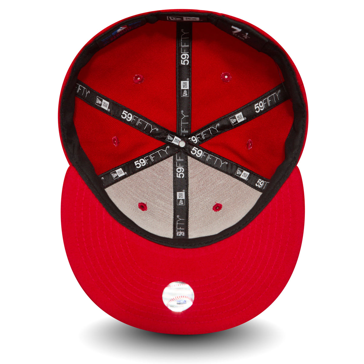New York Yankees Essential Red New Era 59FIFTY Cap, inside view showing black 59FIFTY taping on red panels with a grey undervisor, a black sweatband, and the size sticker on the undervisor.