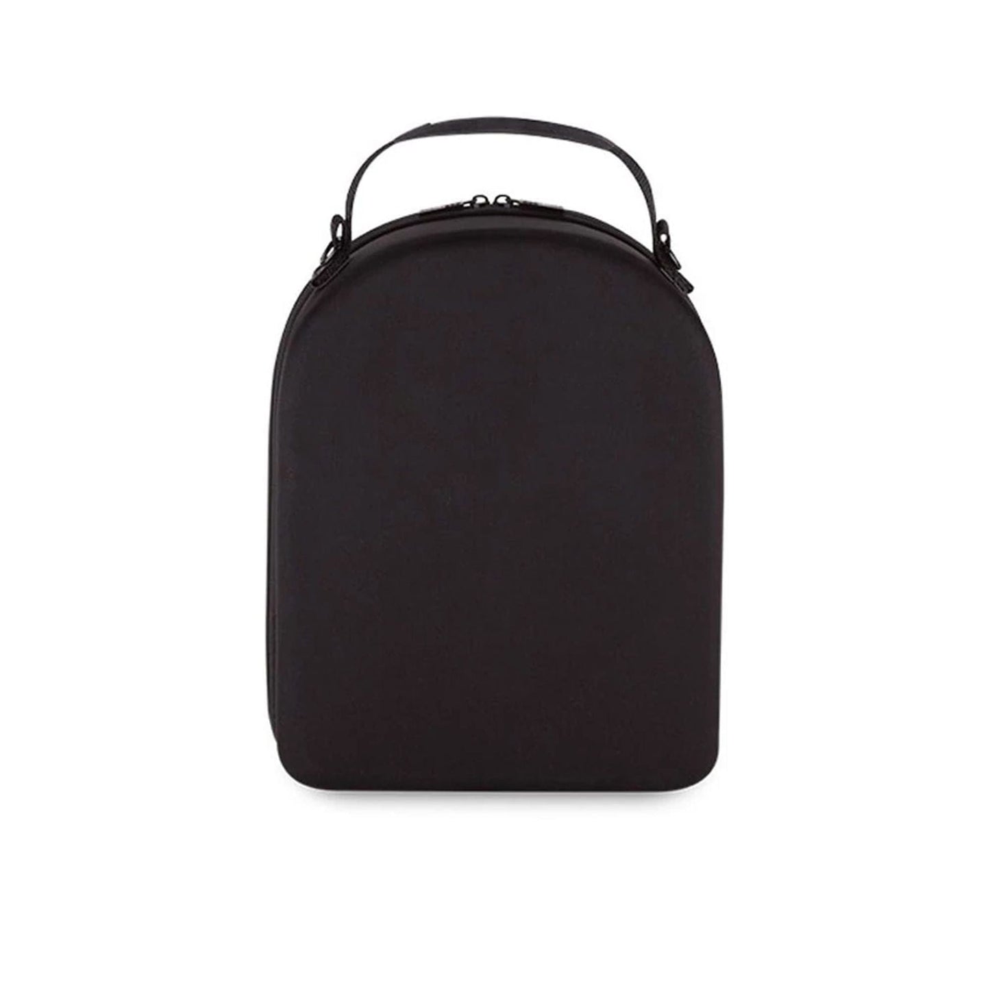 New Era 6 Pack Black Cap Carrier, front view showing the rounded black shell with a carry handle fixed to the top, subtle seams outlining the edges, and no visible logos or eyelets on the front surface.