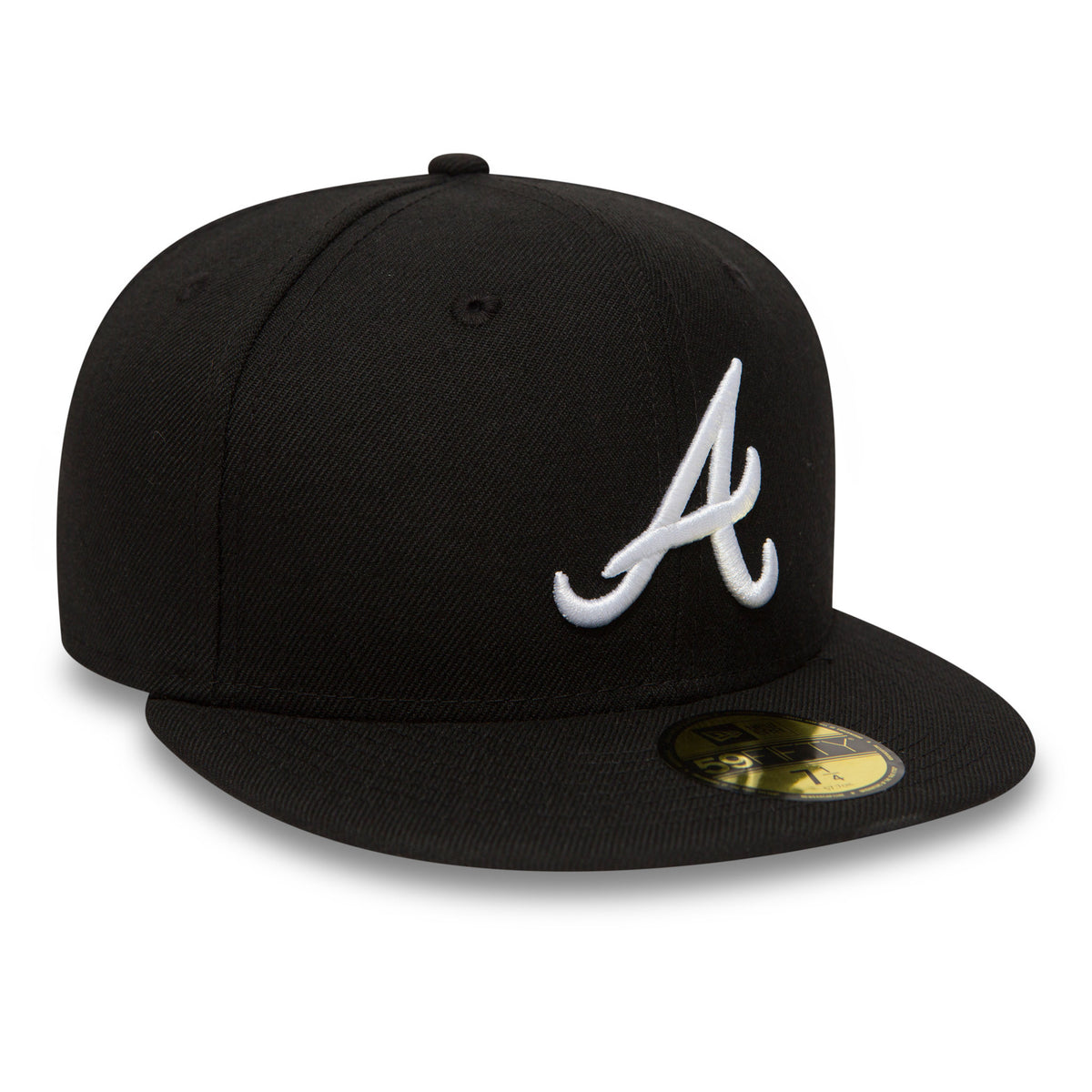 Atlanta Braves Essential Black New Era 59FIFTY Cap, front view showing a raised white A logo embroidered on the structured black front panel, with a gold 59FIFTY size sticker prominently displayed on the visor.