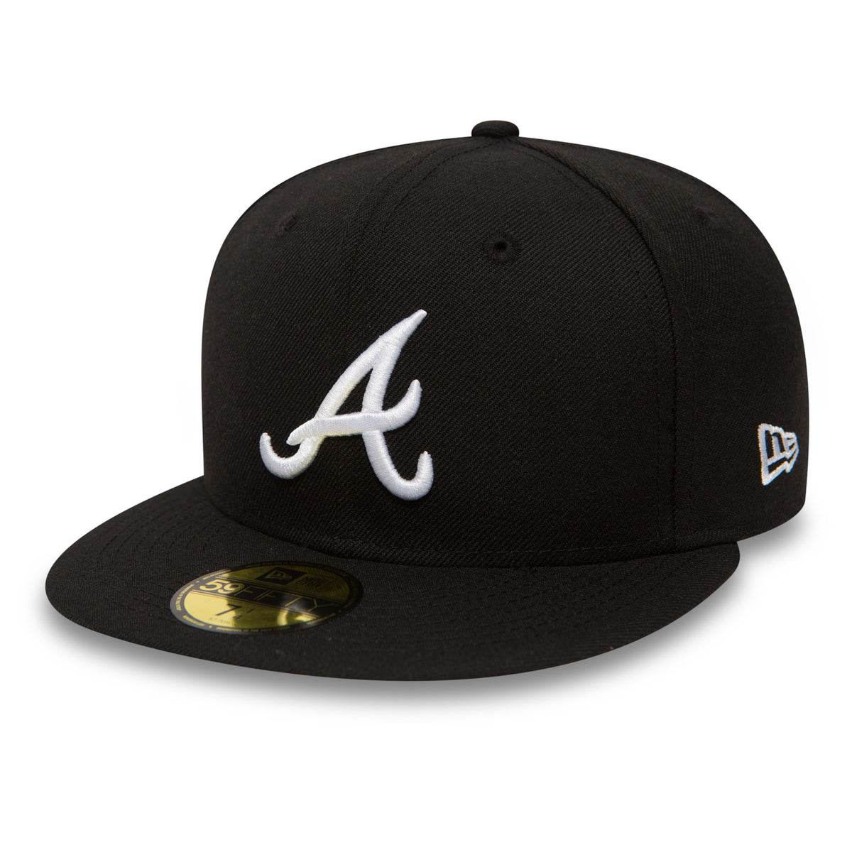 Atlanta Braves Essential Black New Era 59FIFTY Cap, three-quarter view showing the white raised A logo on the front panel, a gold 59FIFTY size sticker on the visor, and the New Era flag logo on the left side.