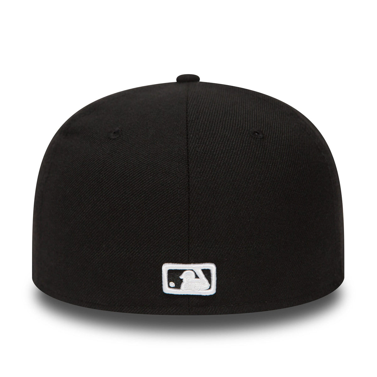 LA Dodgers Essential Black New Era 59FIFTY Cap, rear view showing the white embroidered MLB Batterman logo at the centre of the black back panels, just above the base of the structured crown.