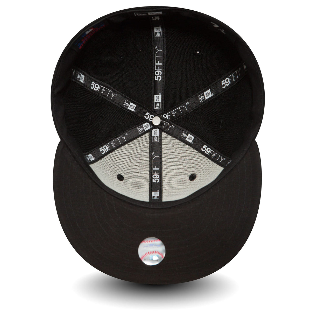 LA Dodgers Essential Black New Era 59FIFTY Cap, inside view showing black taping with 59FIFTY branding, a grey undervisor, and a 59FIFTY size sticker on the underside of the black visor.