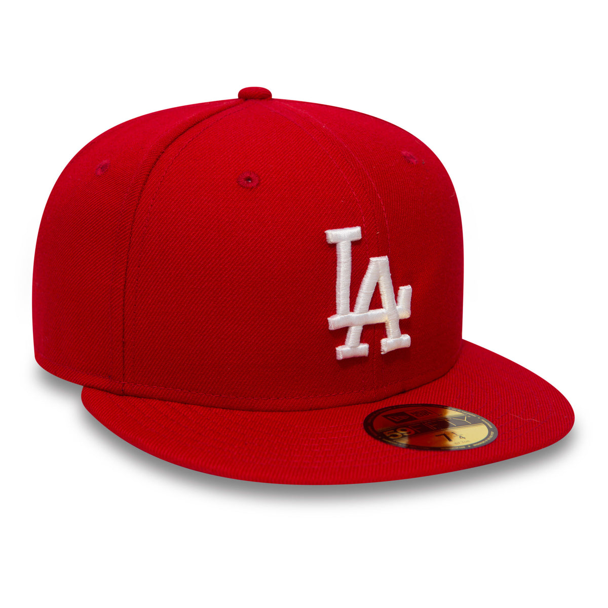LA Dodgers Essential Red New Era 59FIFTY Cap, three-quarter view showing the white raised embroidered LA logo on the front panel, a red flat visor with gold 59FIFTY size sticker, and matching red top button and eyelets.