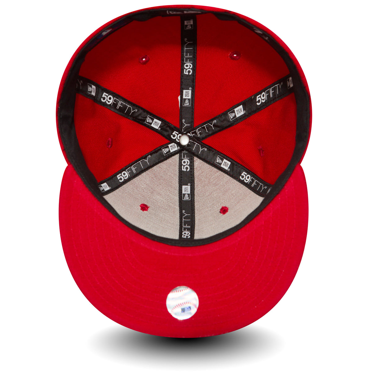LA Dodgers Essential Red New Era 59FIFTY Cap, inside view showing black 59FIFTY taping across the crown, red eyelets, a white top button, and the 59FIFTY size sticker on the red undervisor.