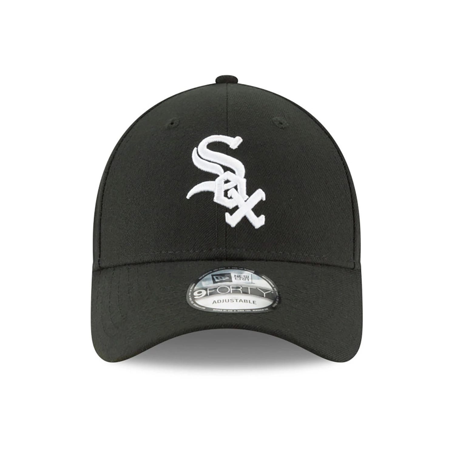 Chicago White Sox The League Black New Era 9FORTY Cap, front view showing white embroidered Sox logo on the front panel, curved black visor with the 9FORTY size sticker, and black top button.