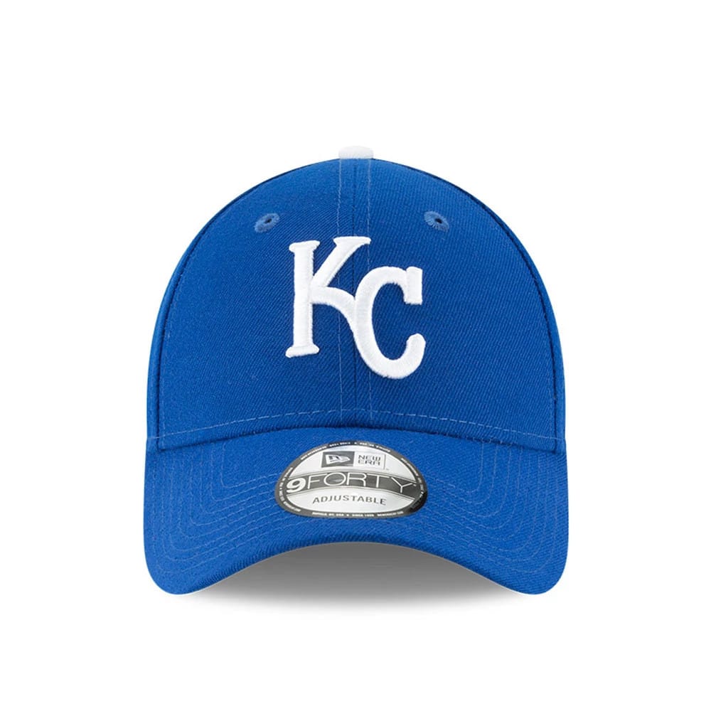Kansas City Royals The League Blue New Era 9FORTY Cap, front view showing the raised white KC logo on the structured blue crown, with a curved visor and a 9FORTY size sticker on top.