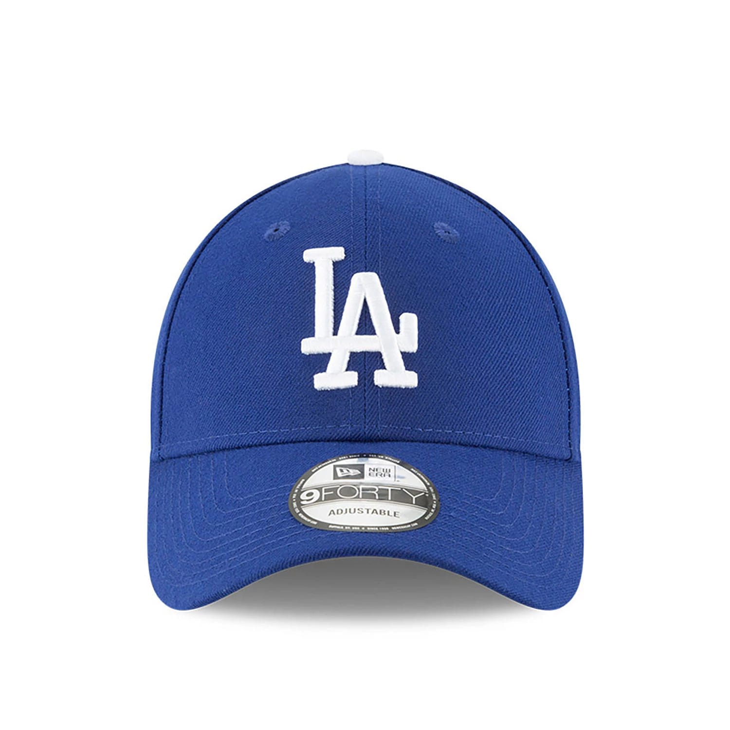 LA Dodgers The League Blue New Era 9FORTY Cap, front view showing raised white LA logo embroidery on the structured blue crown, complete with a curved visor and 9FORTY size sticker on top.