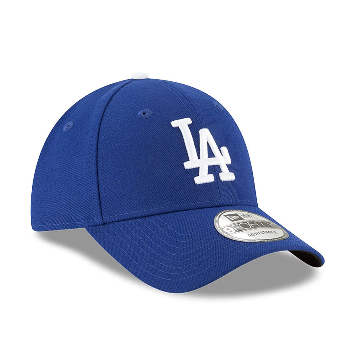 LA Dodgers The League Blue New Era 9FORTY Cap, three-quarter view showing the white raised embroidered LA logo on the front panel, with a 9FORTY size sticker on the curved blue visor and a white top button.