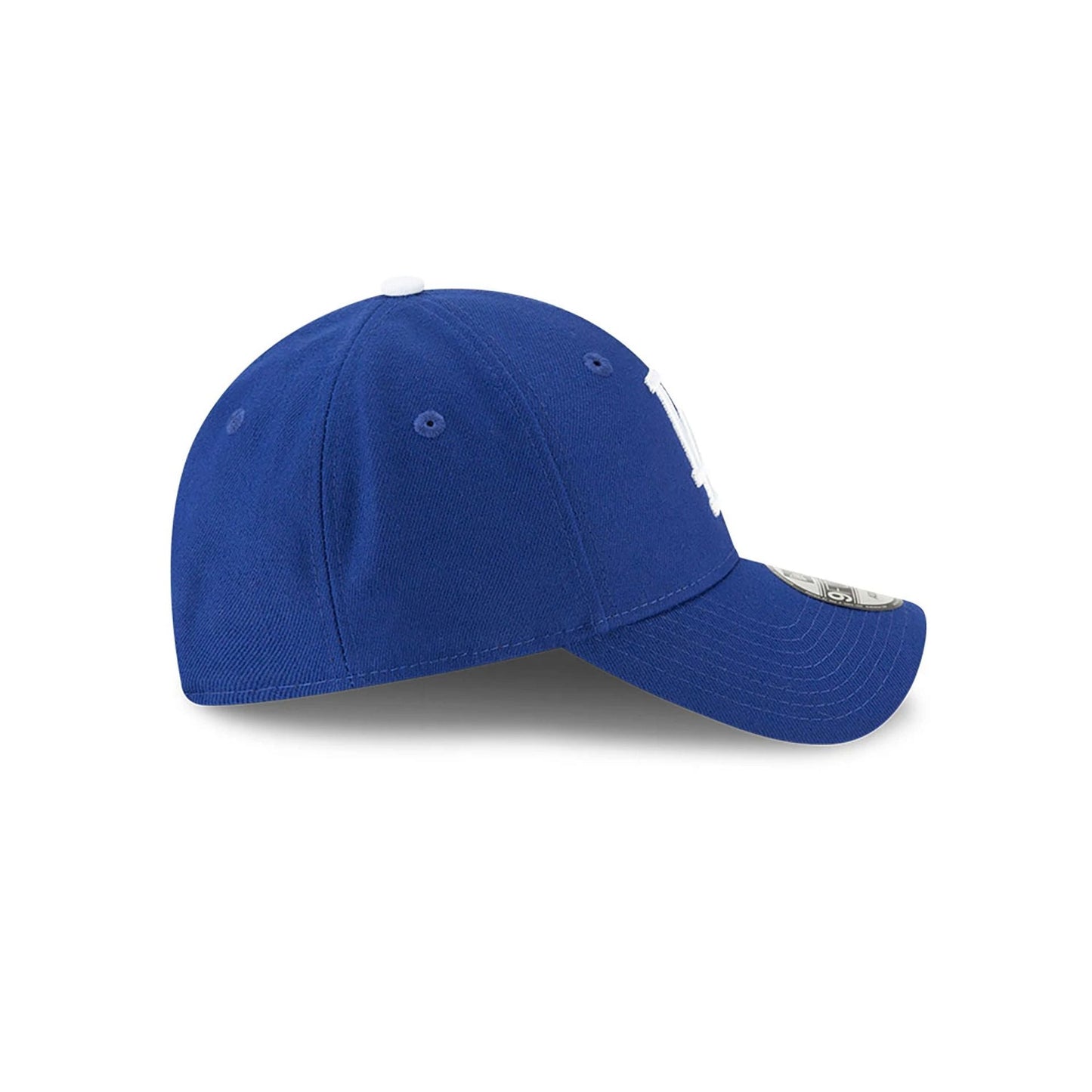 LA Dodgers The League Blue New Era 9FORTY Cap, side view showing the raised white LA logo on the structured blue crown with matching blue visor, eyelets and 9FORTY size sticker on the curved visor.