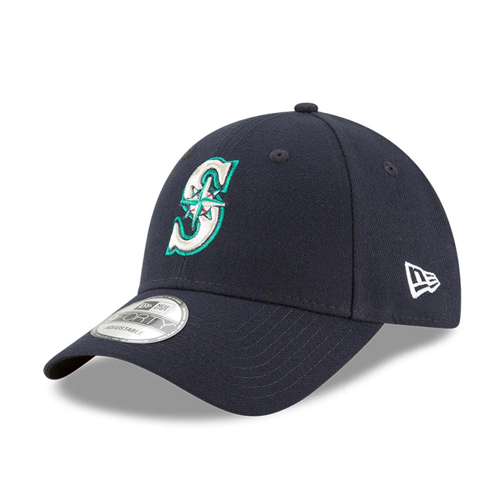 Seattle Mariners The League Navy New Era 9FORTY Cap, front view showing the raised embroidered Mariners logo on the structured navy crown, a 9FORTY size sticker on the curved visor, and the New Era flag logo on the left side.