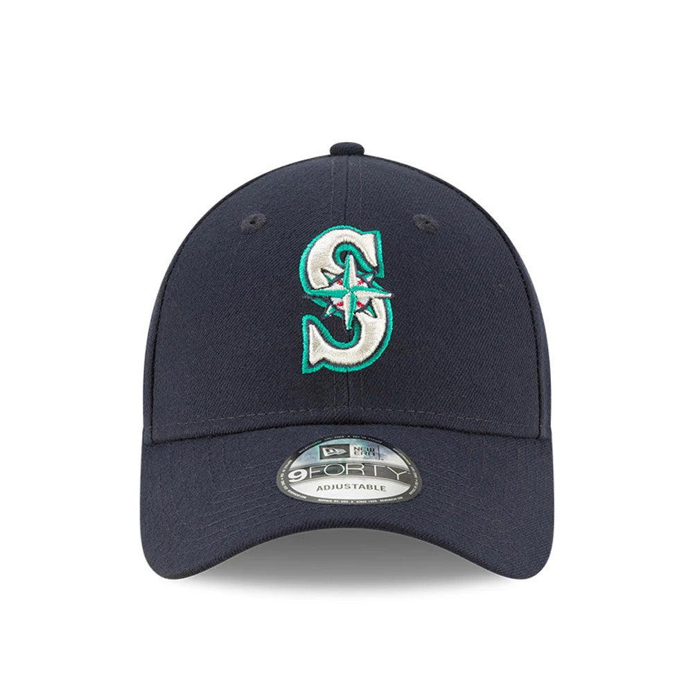 Seattle Mariners The League Navy New Era 9FORTY Cap, front view showing the raised embroidered team logo on the front panel, curved visor with the 9FORTY size sticker, and structured crown with matching navy eyelets.