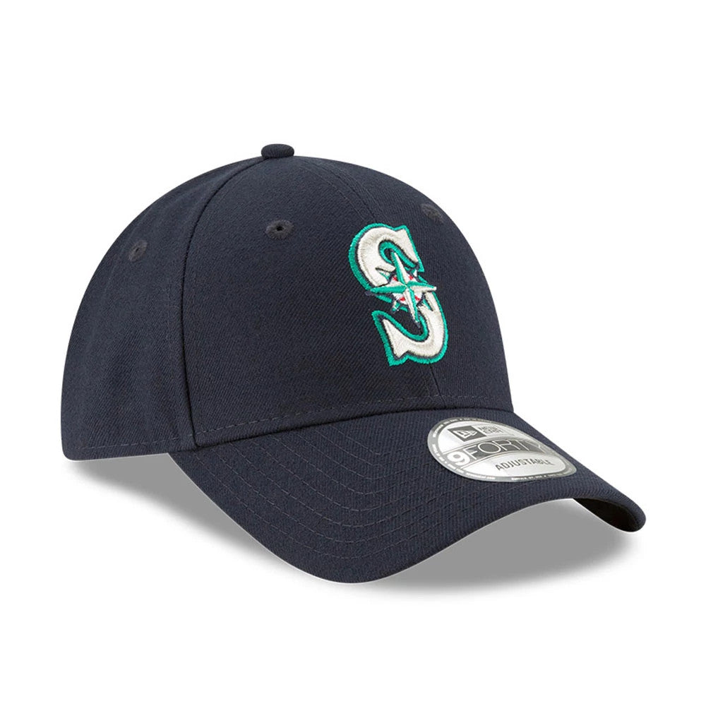 Seattle Mariners The League Navy New Era 9FORTY Cap, three-quarter view showing the team logo in white and teal embroidery on the front panel, with a curved visor and a 9FORTY size sticker on top.