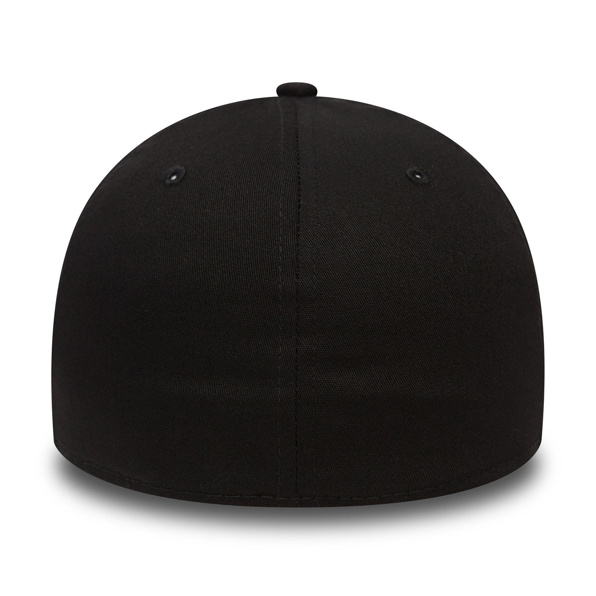 New York Yankees Classic Black New Era 39THIRTY Cap, rear view showing a clean black design with no visible logos on the smooth structured crown, highlighting the cap's fitted silhouette and minimalistic appearance.