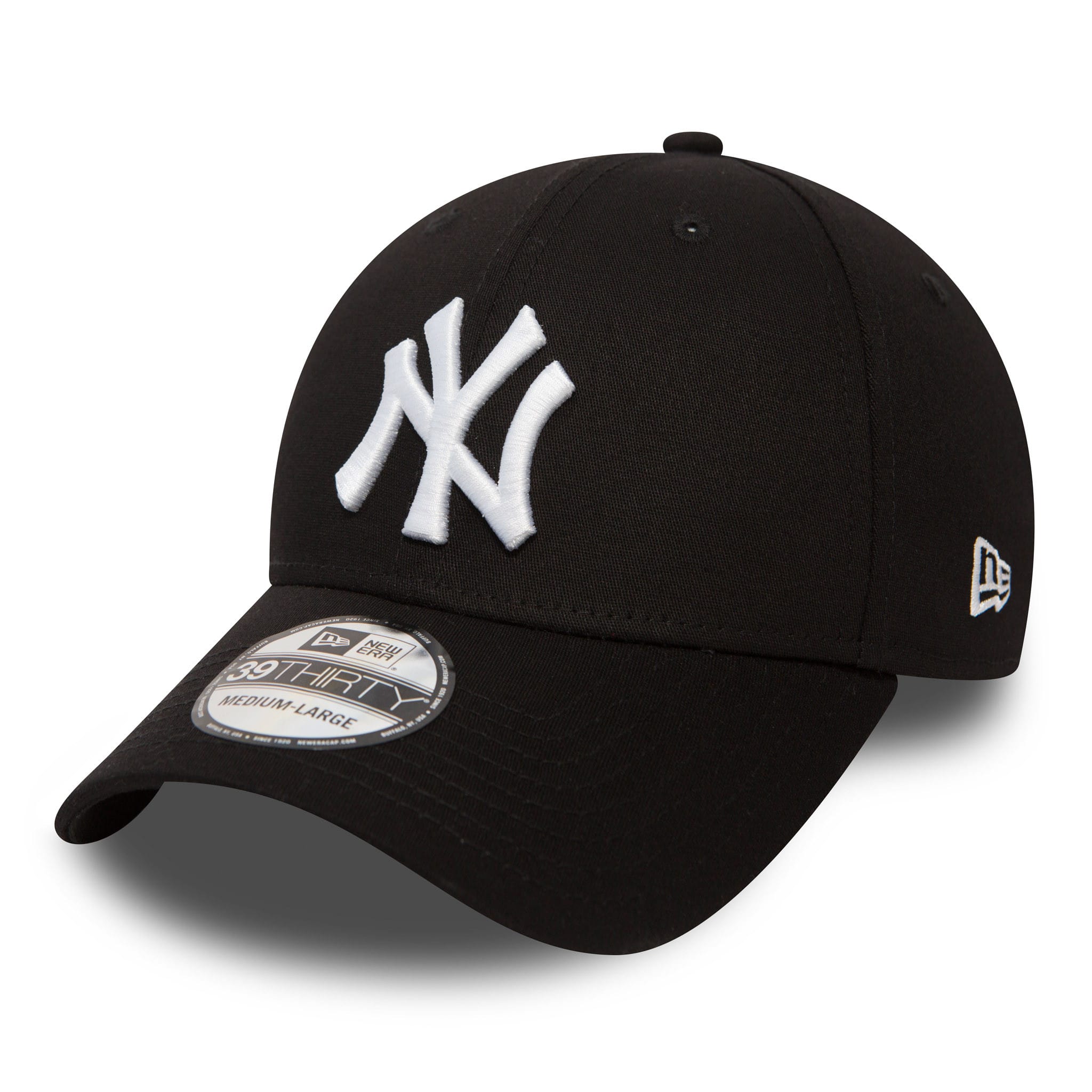 New York Yankees Classic Black New Era 39THIRTY Cap, front view showing white raised NY logo on the front panel, curved black visor with 39THIRTY size sticker, and New Era flag logo on the left side.