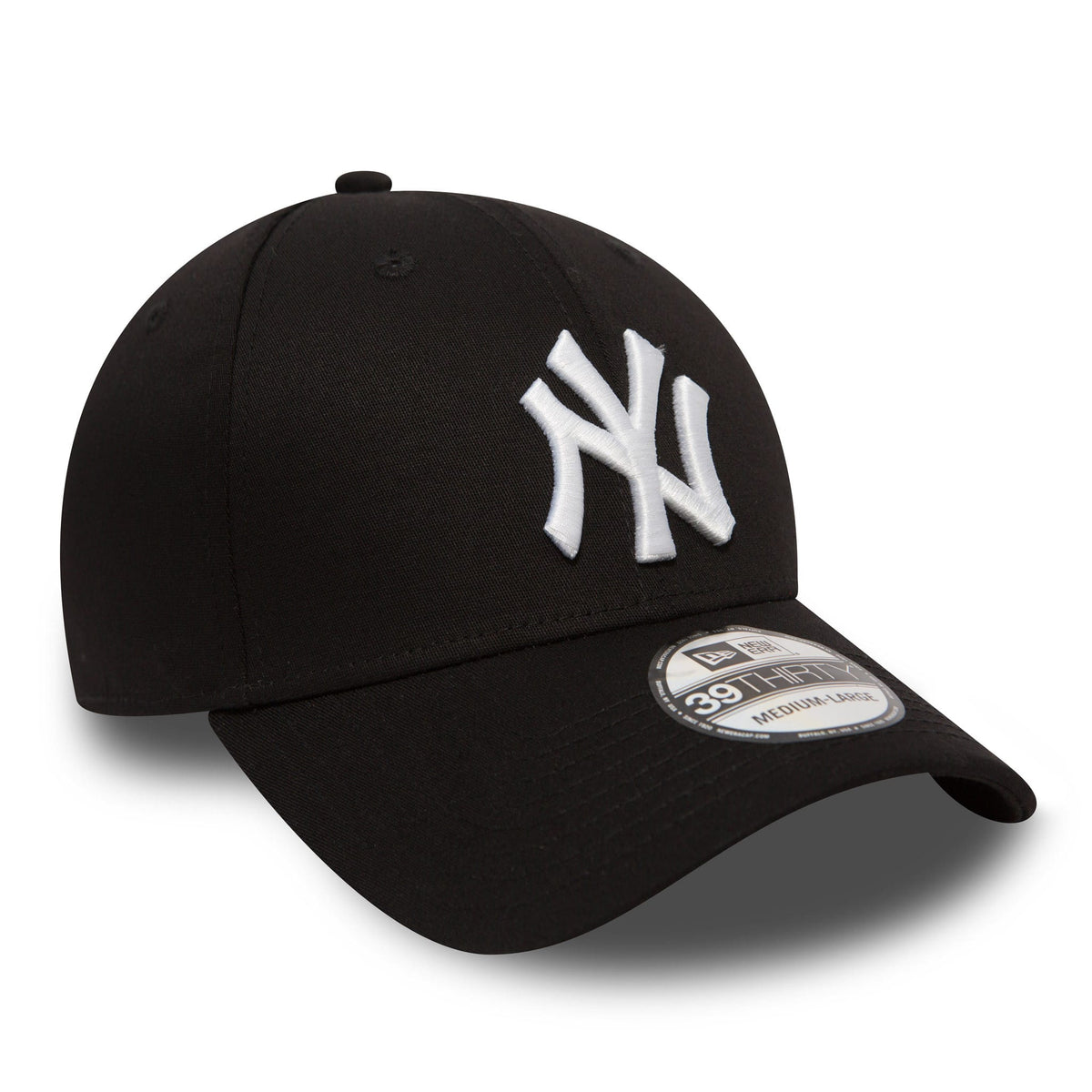 New York Yankees Classic Black New Era 39THIRTY Cap, three-quarter view showing the raised white NY logo embroidered on the structured front panel, with a curved visor and 39THIRTY size sticker on top.