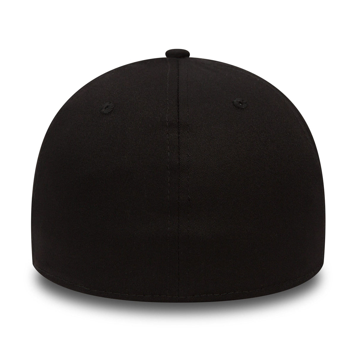New York Yankees Classic Black New Era 39THIRTY Cap, rear view showing the seamless structured black crown with a top button and eyelets, highlighting the classic fitted design without logos on the back panels.