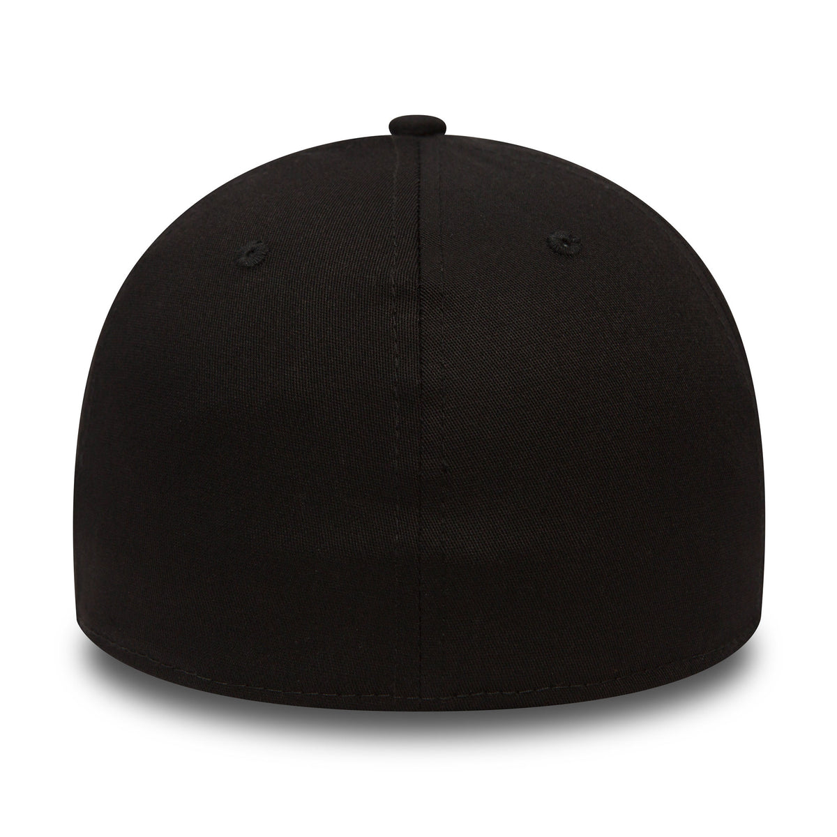 New York Yankees Classic Black New Era 39THIRTY Cap, rear view showing the seamless structured black crown with a top button and eyelets, highlighting the classic fitted design without logos on the back panels.