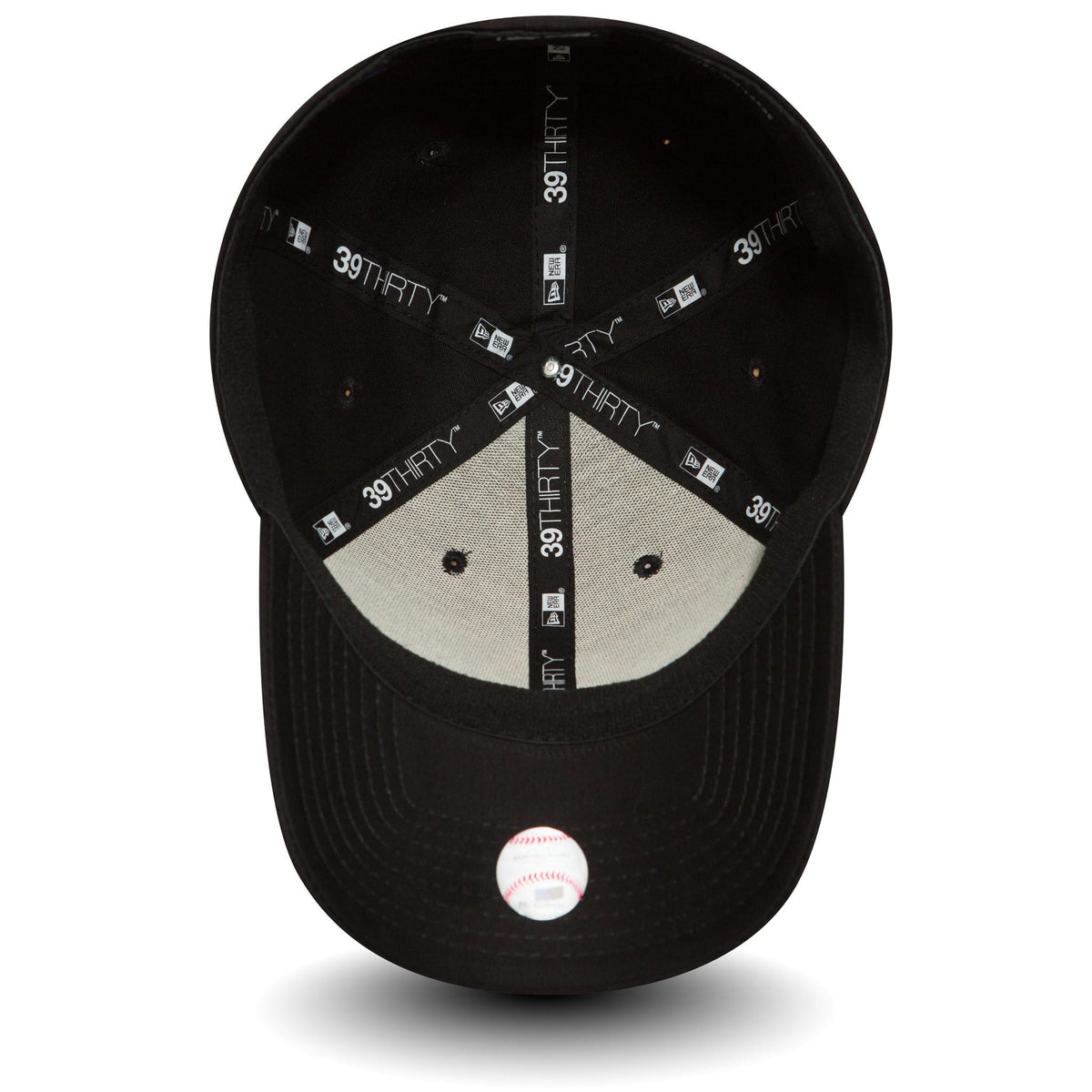New York Yankees Classic Black New Era 39THIRTY Cap, inside view showing grey undervisor, black sweathband, and black taping with white 39THIRTY logos on a structured crown, featuring a round sticker on the underside of the visor.