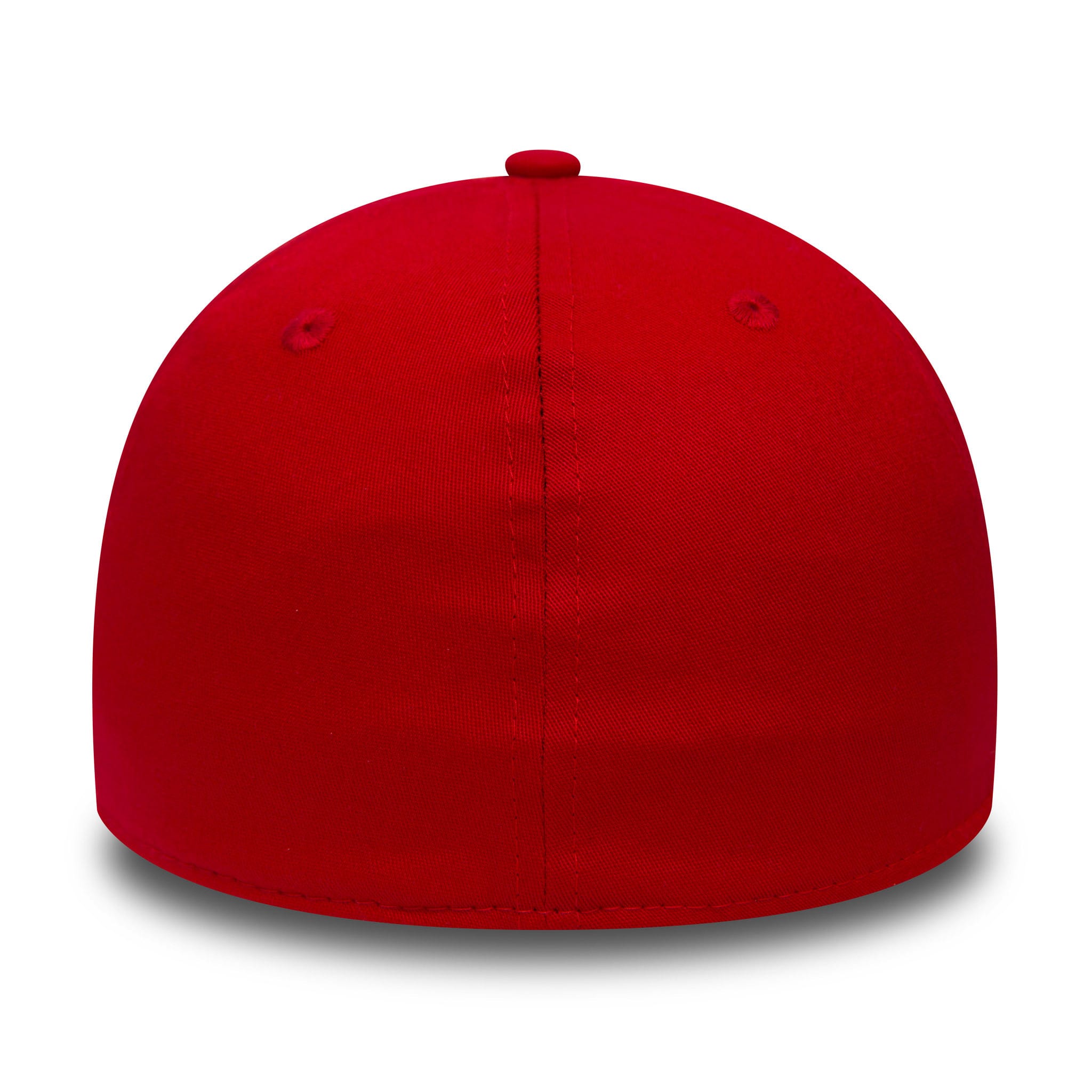 New York Yankees Essential Red New Era 39THIRTY Cap, rear view showing a seamless red back panel with a central red top button and matching eyelets, highlighting the cap's sleek and fitted design.