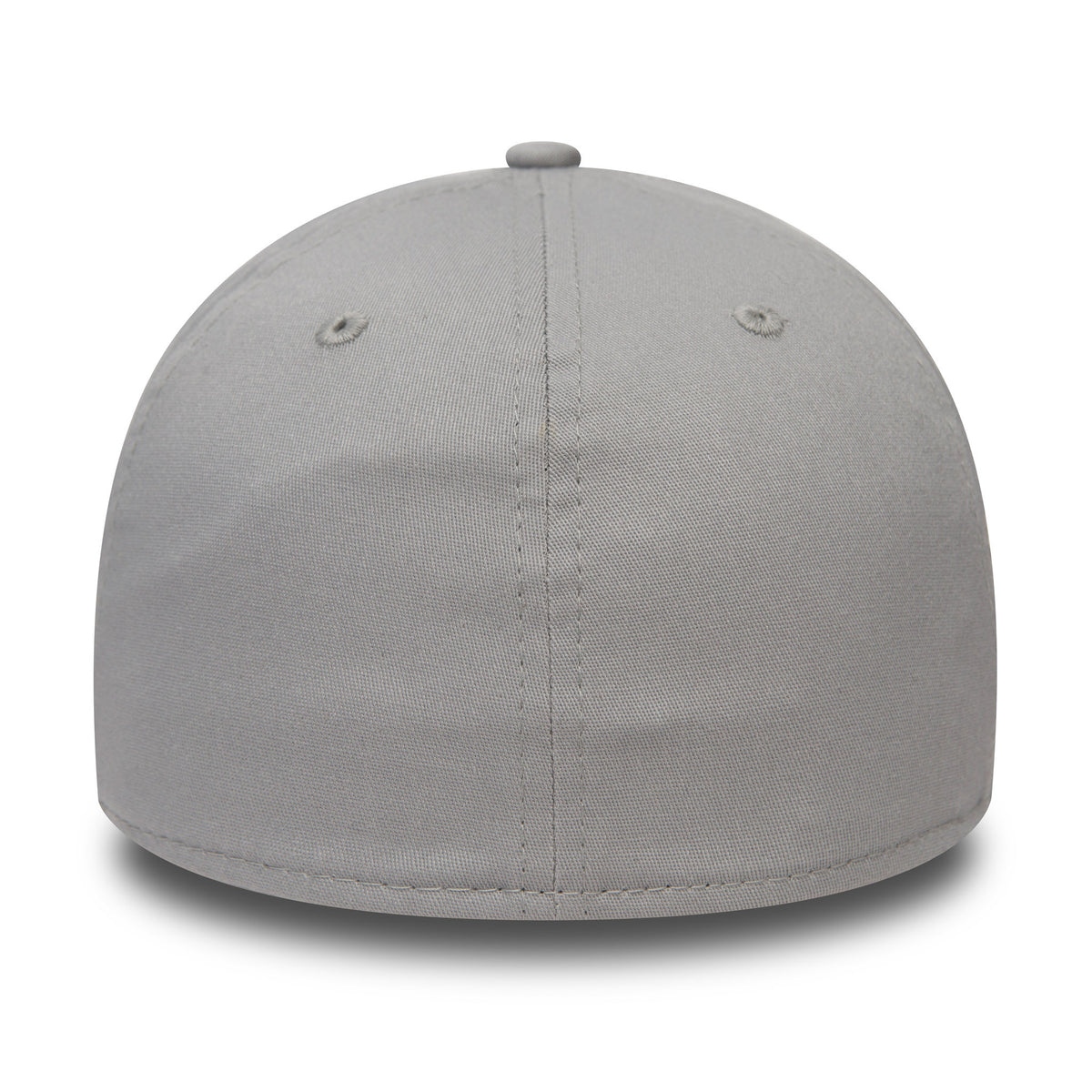 New York Yankees Essential Grey New Era 39THIRTY Cap, rear view showing a plain grey back panel with centre seam and two grey embroidered eyelets, set on a structured grey crown topped with a matching grey top button.