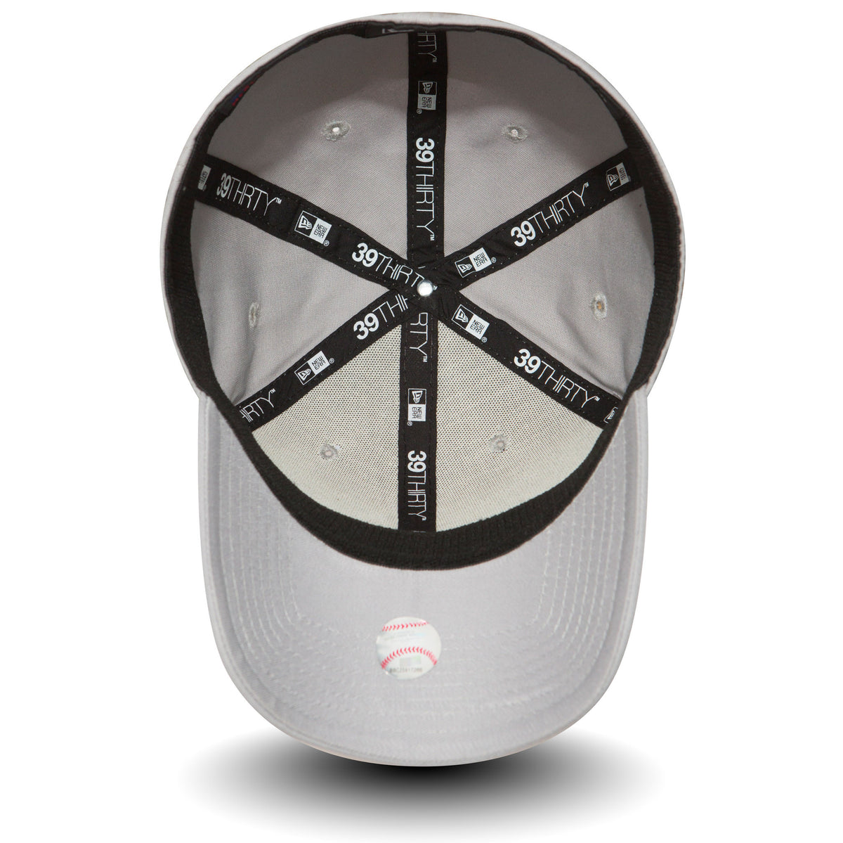 New York Yankees Essential Grey New Era 39THIRTY Cap, inside view showing black 39THIRTY taping along the seams, with a light grey interior, a black sweatband, and a white baseball design on the underside of the visor.