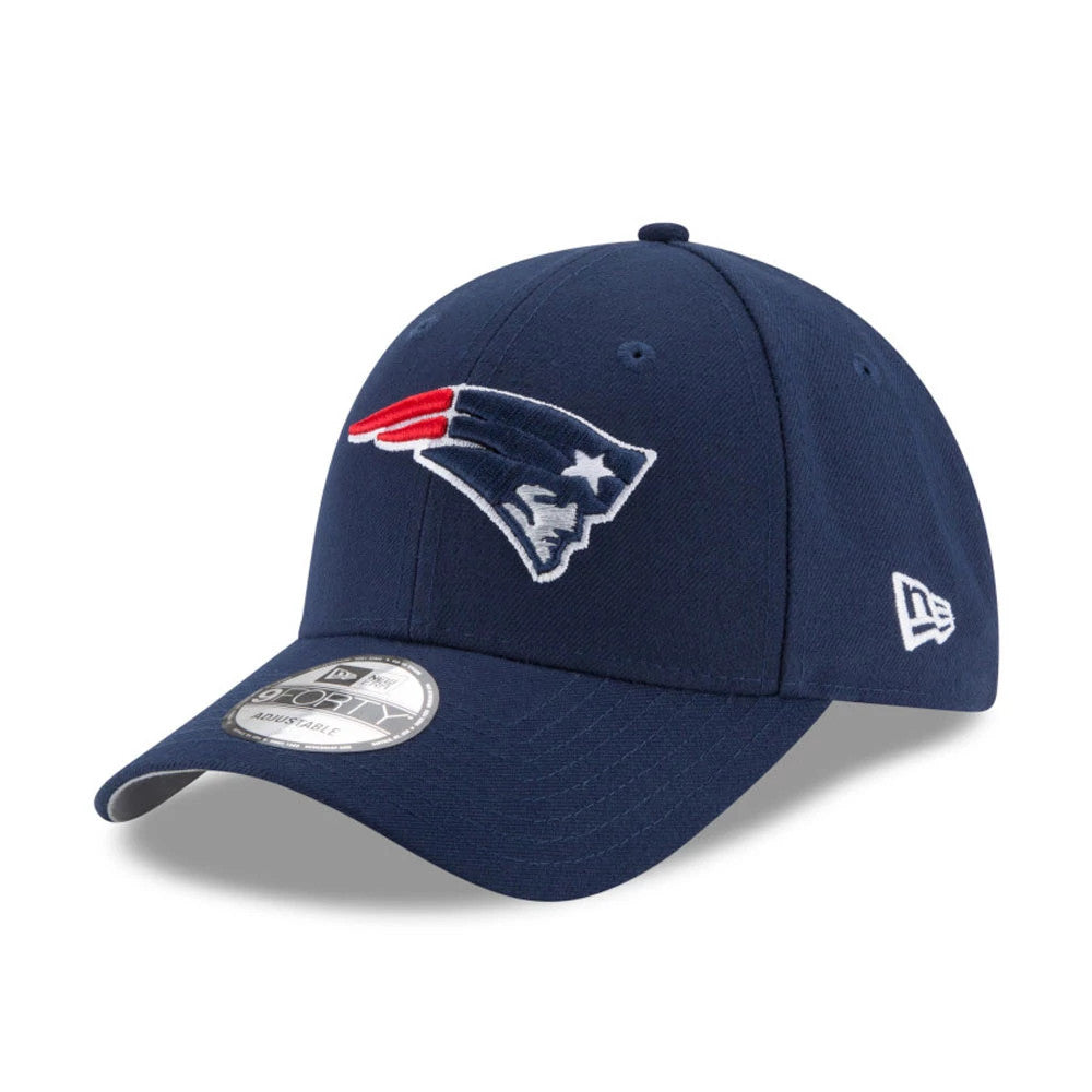 New England Patriots The League Blue New Era 9FORTY Cap, front view showing the raised embroidered Patriots logo on the front panel, curved blue visor with 9FORTY size sticker, and New Era flag logo on the left side.