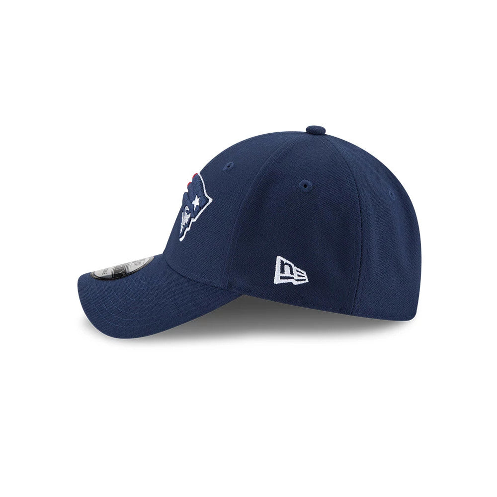 New England Patriots The League Blue New Era 9FORTY Cap, side view showing the white embroidered New Era flag logo on the left side of the blue structured crown, with a curved visor featuring a 9FORTY size sticker.