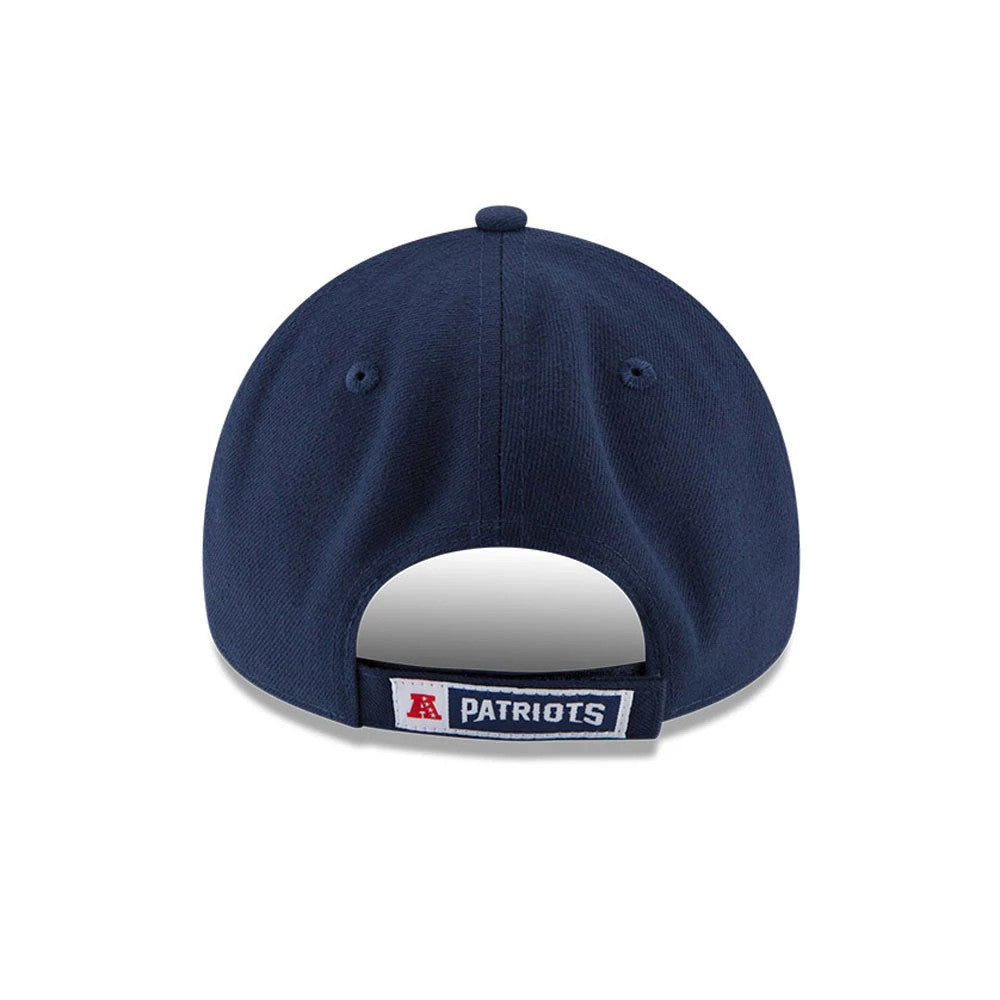 New England Patriots The League Blue New Era 9FORTY Cap, rear view showing the embroidered Patriots wordmark over the adjustable strap, with a red A logo on the left, all set on a blue curved back panel.