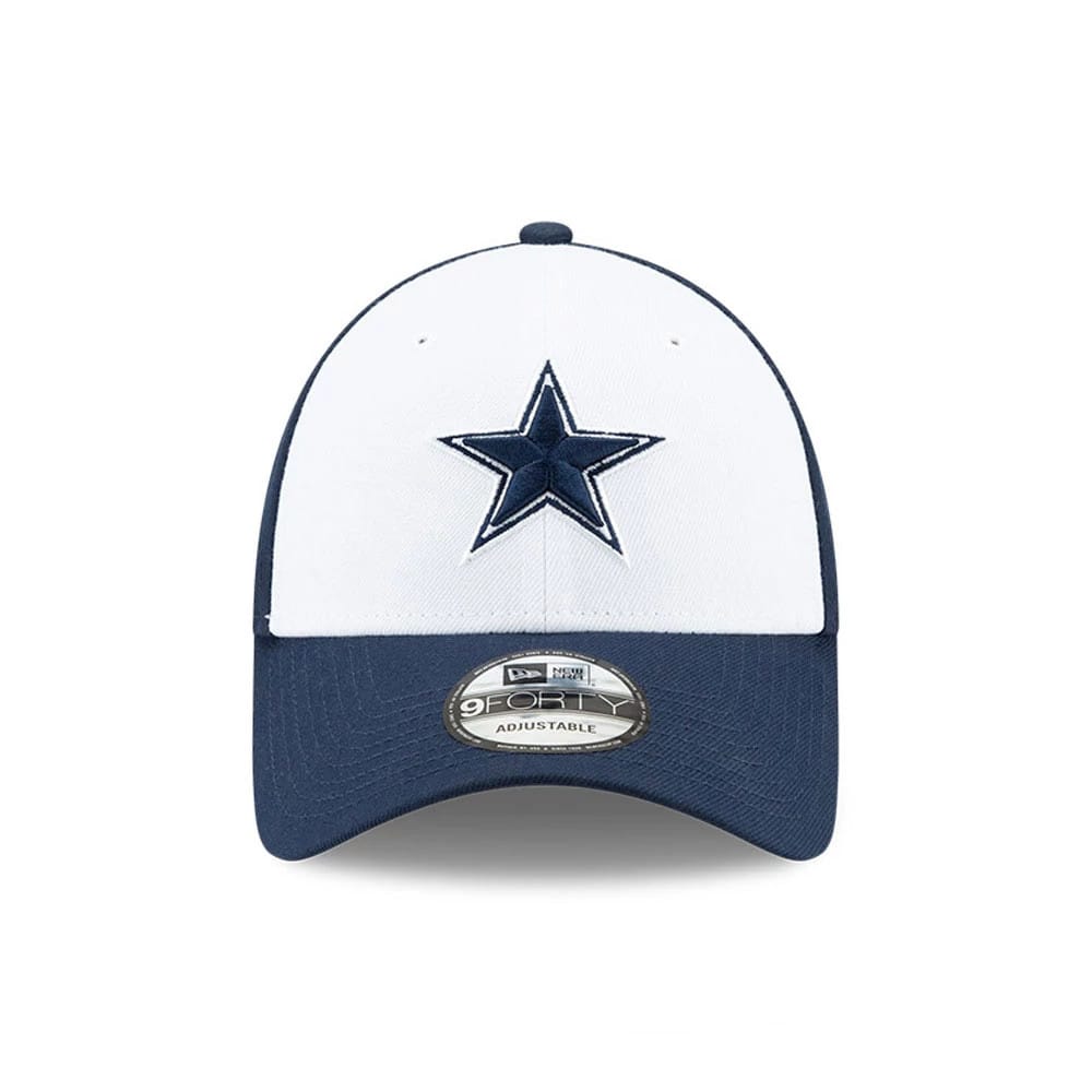 Dallas Cowboys The League Blue New Era 9FORTY Cap, front view showing raised embroidered navy star on the white front panel, with a curved blue visor and 9FORTY size sticker on top of the visor.
