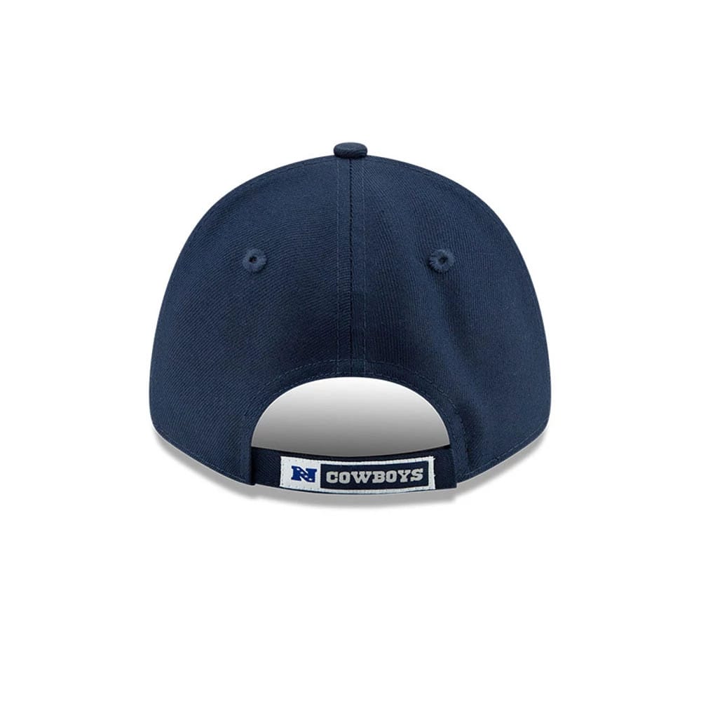 Dallas Cowboys The League Blue New Era 9FORTY Cap, rear view showing the white and blue embroidered Cowboys wordmark on the adjustable strap and centred blue New Era flag logo on the low curved blue crown.