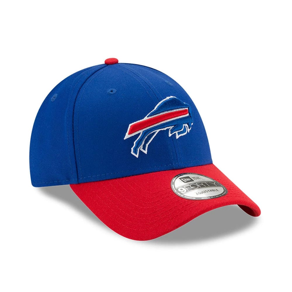 Buffalo Bills The League Blue New Era 9FORTY Cap, three-quarter view showing the raised embroidered team logo on the blue front panel, with a curved red visor and a 9FORTY size sticker on top.