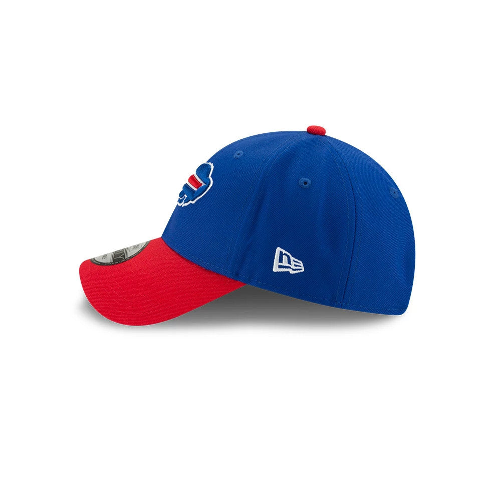 Buffalo Bills The League Blue New Era 9FORTY Cap, side view showing the raised red and white buffalo logo on the blue front panels, with a contrasting red visor and 9FORTY size sticker, and the New Era flag logo on the left side.