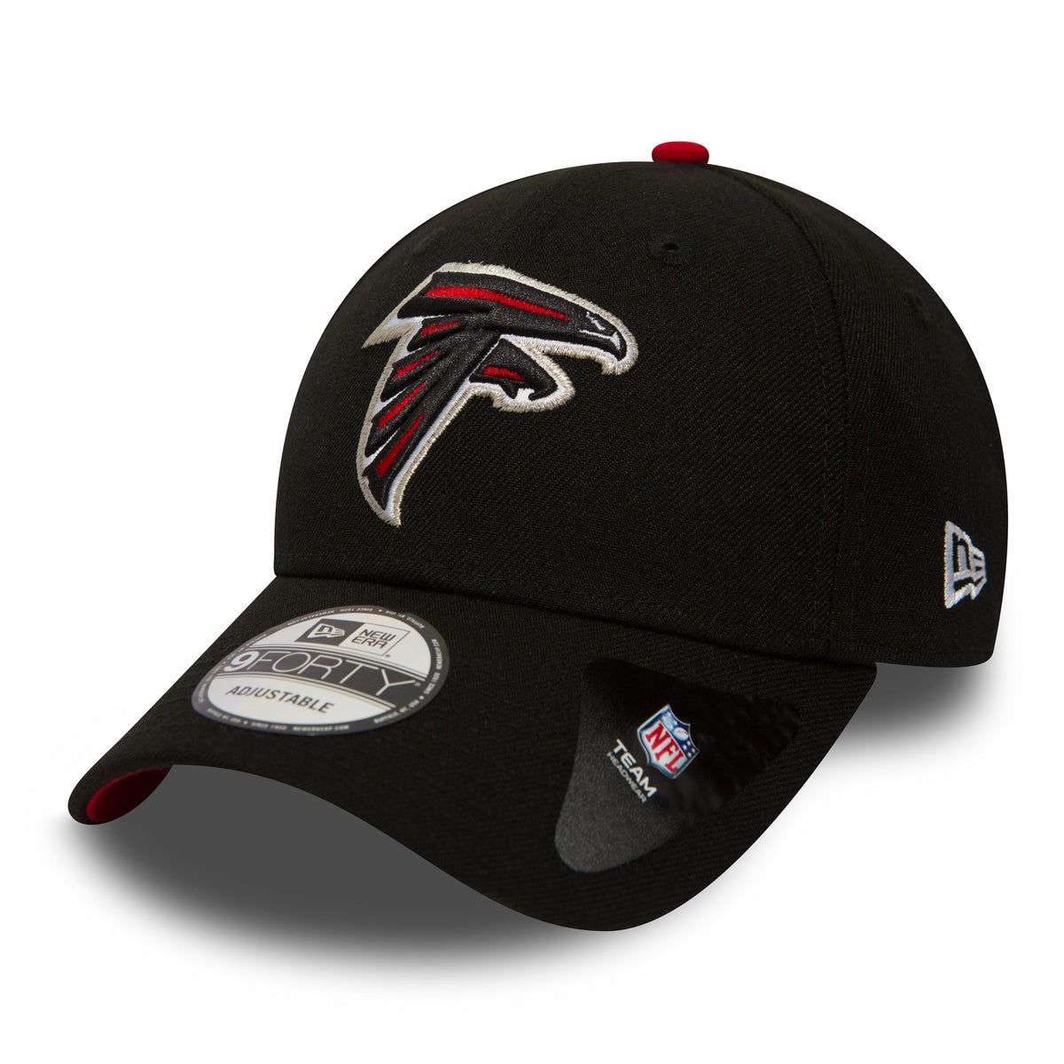 Atlanta Falcons The League Black New Era 9FORTY Cap, three-quarter view showing the raised embroidered red and white Falcons logo on the front panel, black curved visor with 9FORTY size sticker, New Era flag logo on the left side.