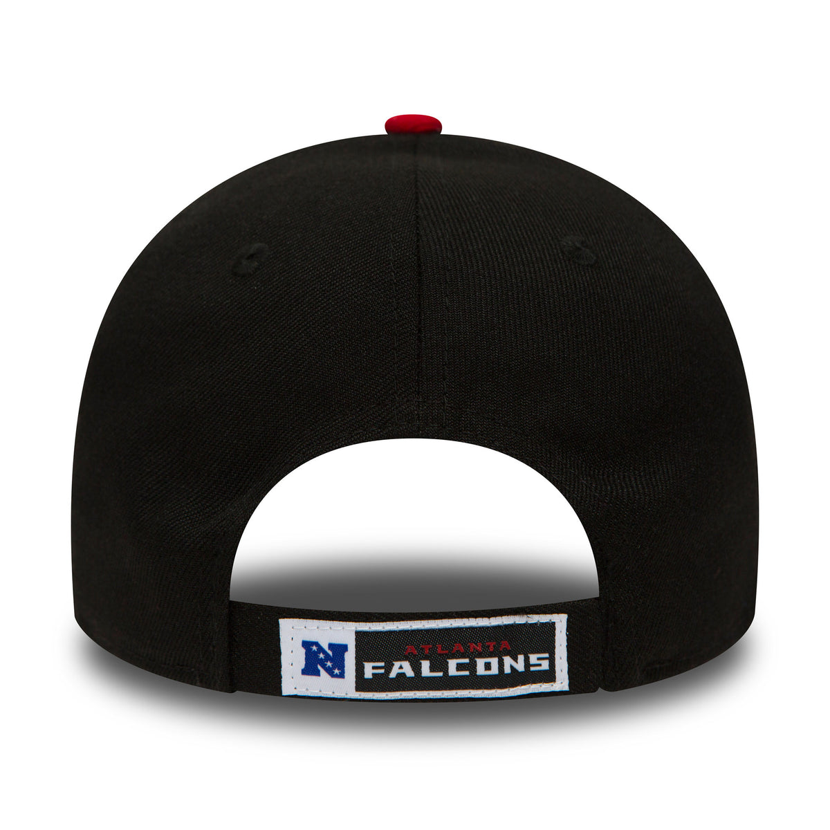 Atlanta Falcons The League Black New Era 9FORTY Cap, rear view showing the white and blue NFL logo patch centred on the adjustable strap, with a red top button on the structured black crown.