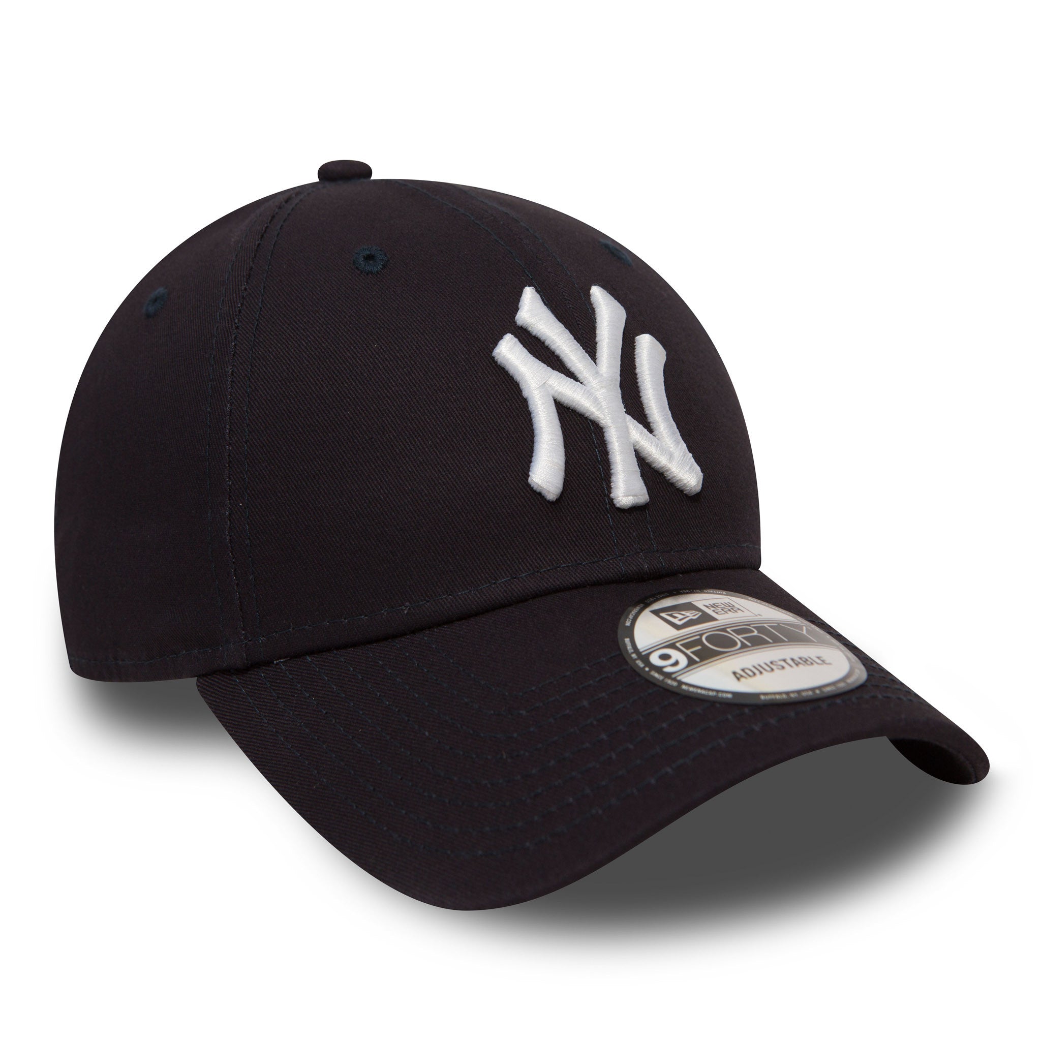 New York Yankees Essential Navy New Era 9FORTY Cap, three-quarter view showing the white raised embroidered NY logo on the front panel, with a curved visor and 9FORTY size sticker on the brim.