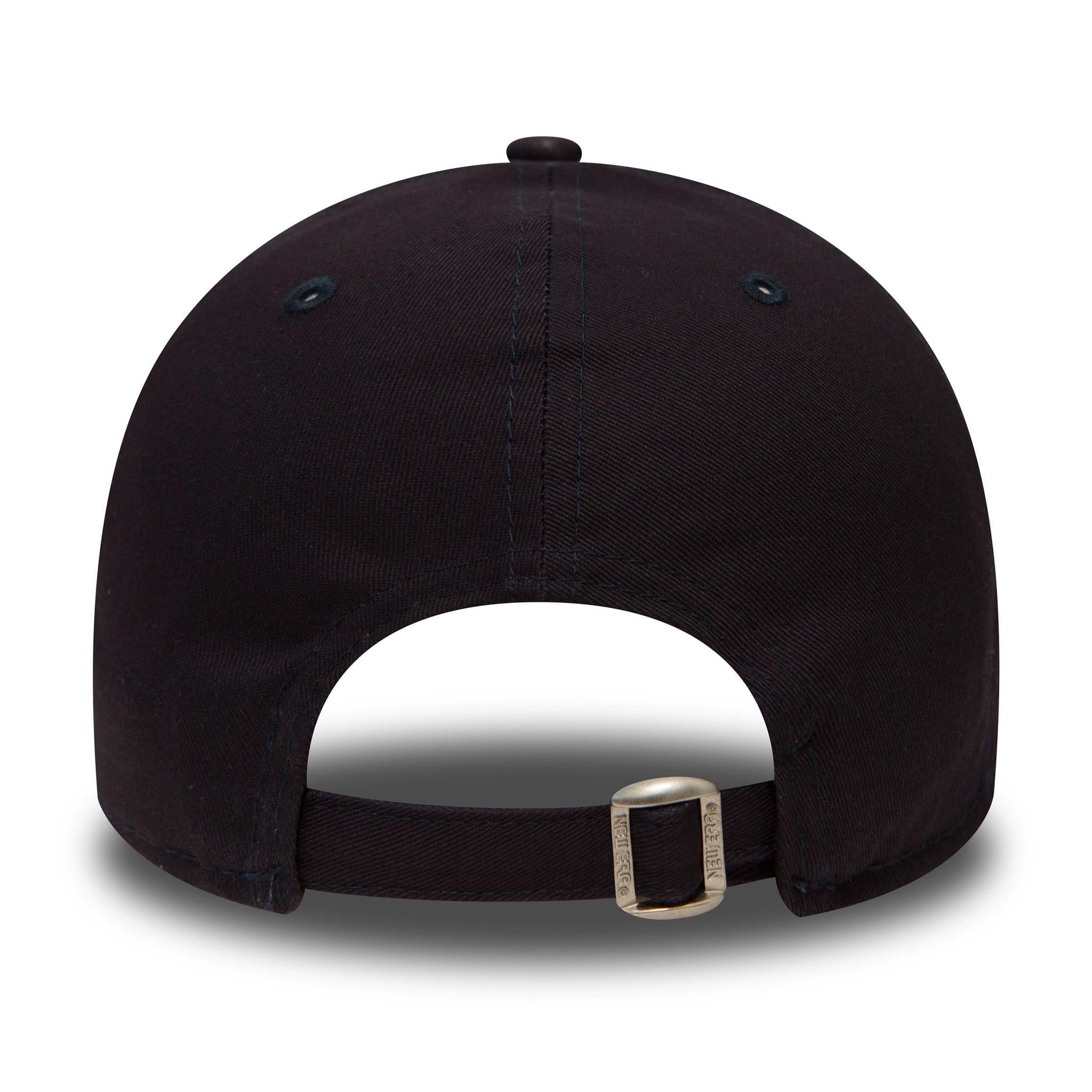 New York Yankees Essential Navy New Era 9FORTY Cap, rear view showing the navy crown with tonal stitching, eyelets, a metal buckle closure on the adjustable strap, and a top button centred on the back panel.