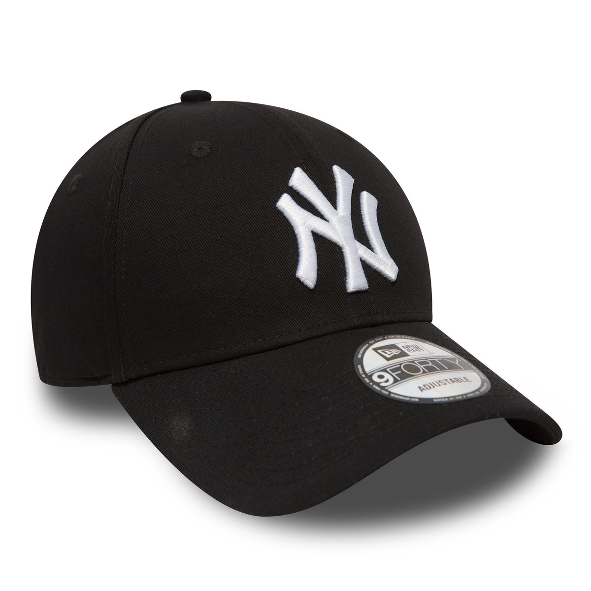 New York Yankees Essential Black New Era 9FORTY Cap, three-quarter view showing the raised white embroidered NY logo on the front panel, with a curved visor and a 9FORTY size sticker on top.