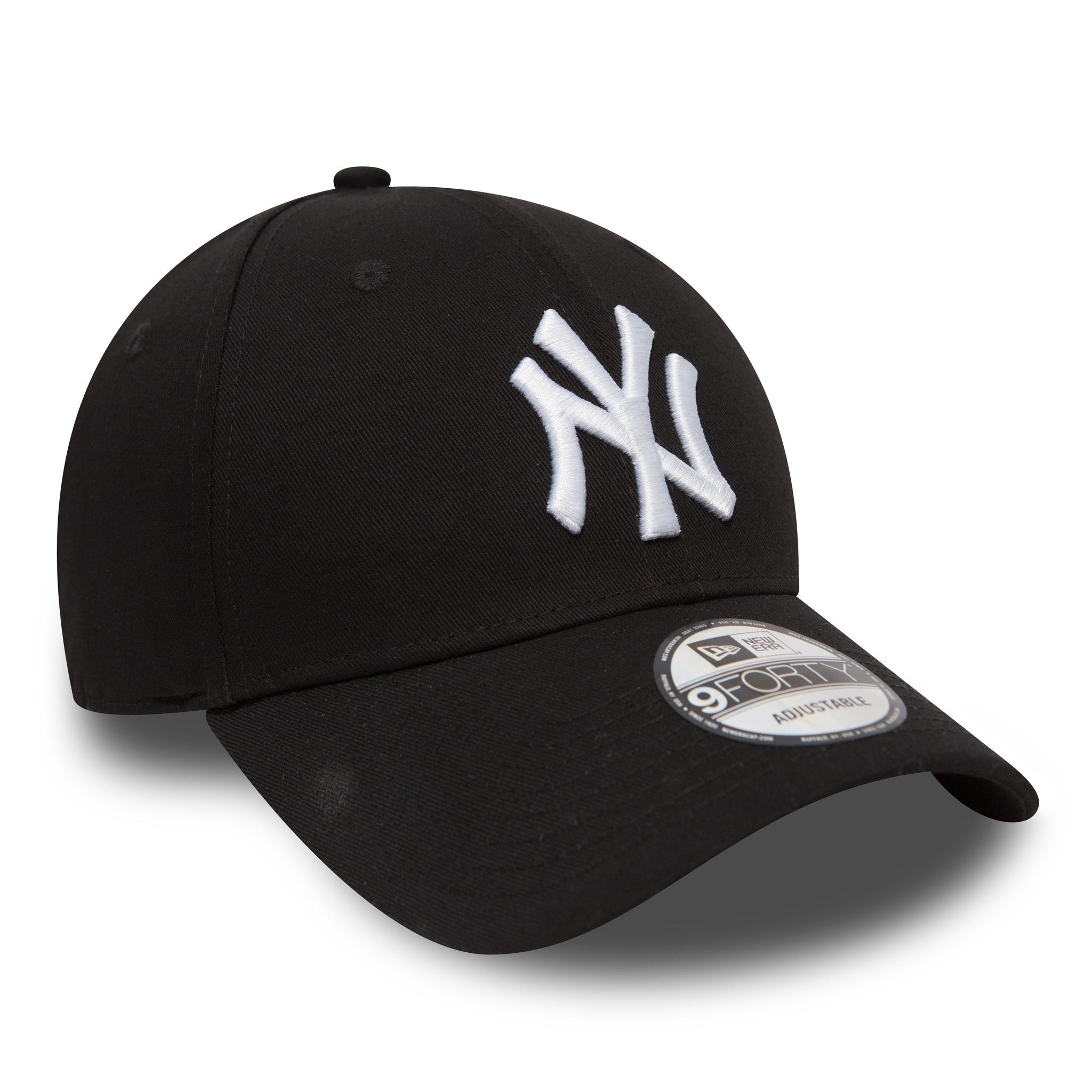 New York Yankees Essential Black New Era 9FORTY Cap, three-quarter view showing the raised white embroidered NY logo on the front panel, with a curved visor and a 9FORTY size sticker on top.
