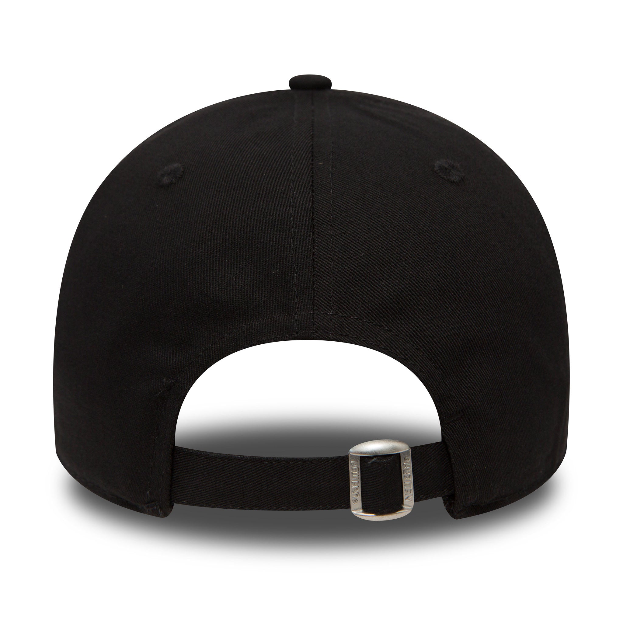 New York Yankees Essential Black New Era 9FORTY Cap, rear view showing an adjustable strap with a metal buckle at the back, centred below the plain black structured crown, featuring a top button.