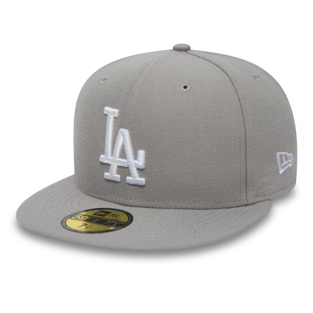 LA Dodgers MLB Basic Grey New Era 59FIFTY Fitted Cap, three-quarter view showing the white embroidered LA logo on the front panel, a grey flat visor with a gold 59FIFTY size sticker, and the New Era flag logo on the left side.