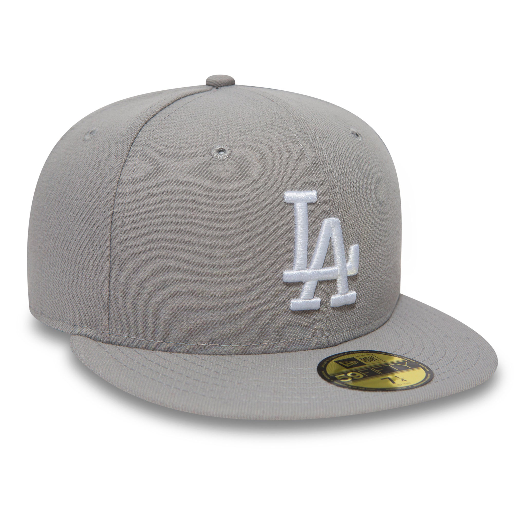 LA Dodgers MLB Basic Grey New Era 59FIFTY Fitted Cap, three-quarter view showing the raised white embroidered LA logo on the front panel, flat grey visor with a gold 59FIFTY size sticker.