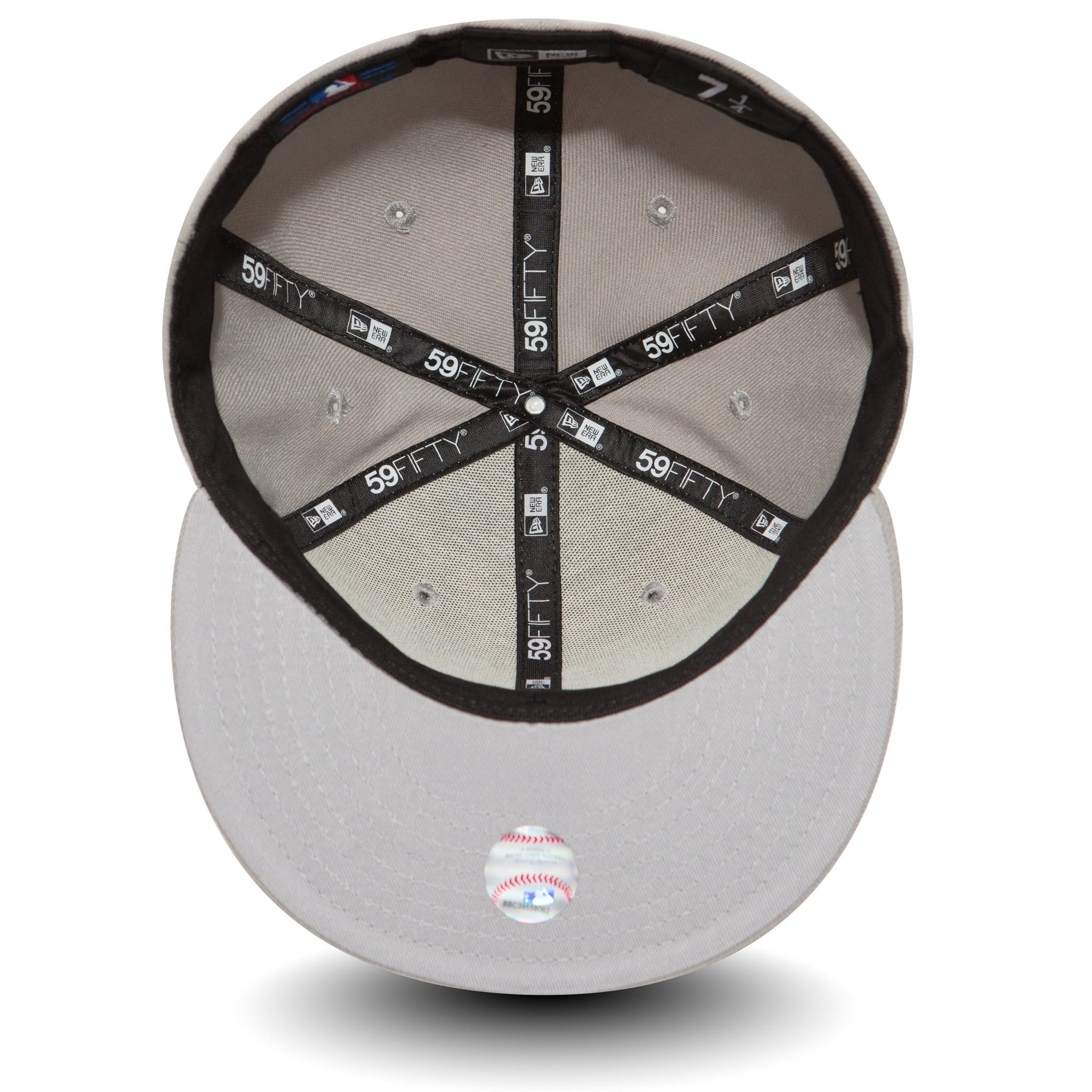 LA Dodgers MLB Basic Grey New Era 59FIFTY Fitted Cap, inside view showing the black sweatband with 59FIFTY taping across the panels, grey undervisor, and size sticker on the visor.
